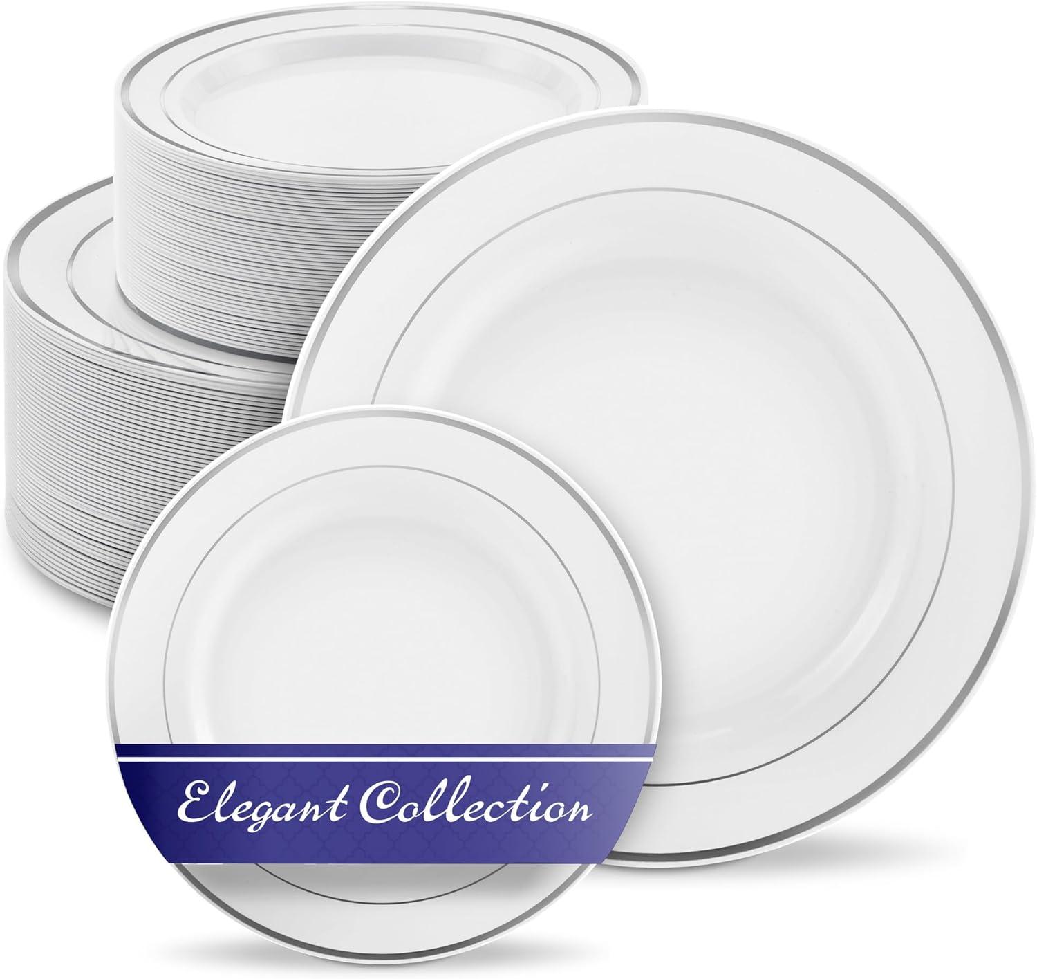 image1025 White and Silver Plastic Dinner Plates 100 Pack Elegant Heavy Duty Disposable Set for 100 Guests Wedding Thanksgiving ChristmasSilver