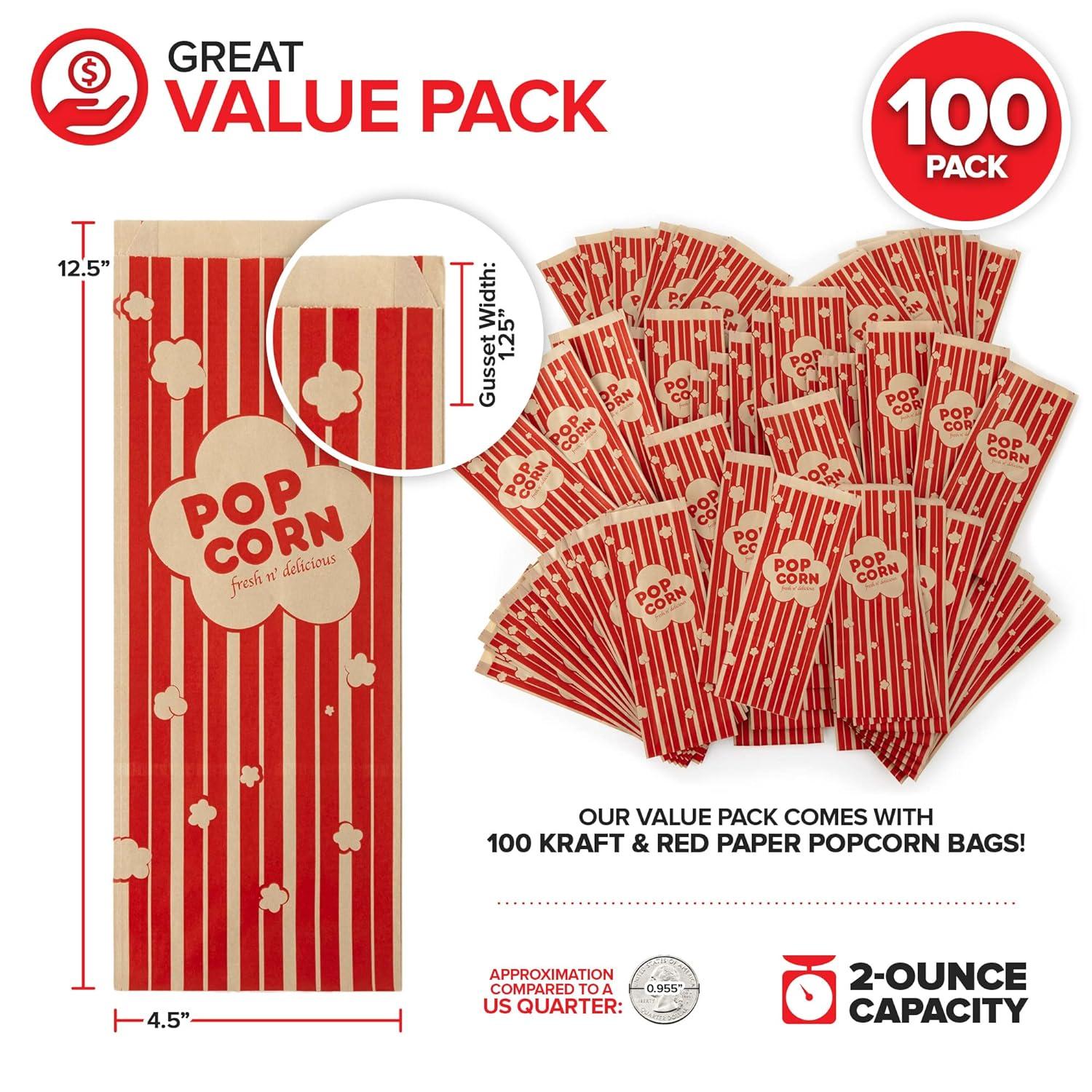 image2 oz Paper Popcorn Bags Bulk 100 Pack Large Red amp White PopCorn Bag Disposable for Carnival Themed Party Movie Night Halloween Popcorn Machine Accessories amp Supplies Individual ServingsKraft Red