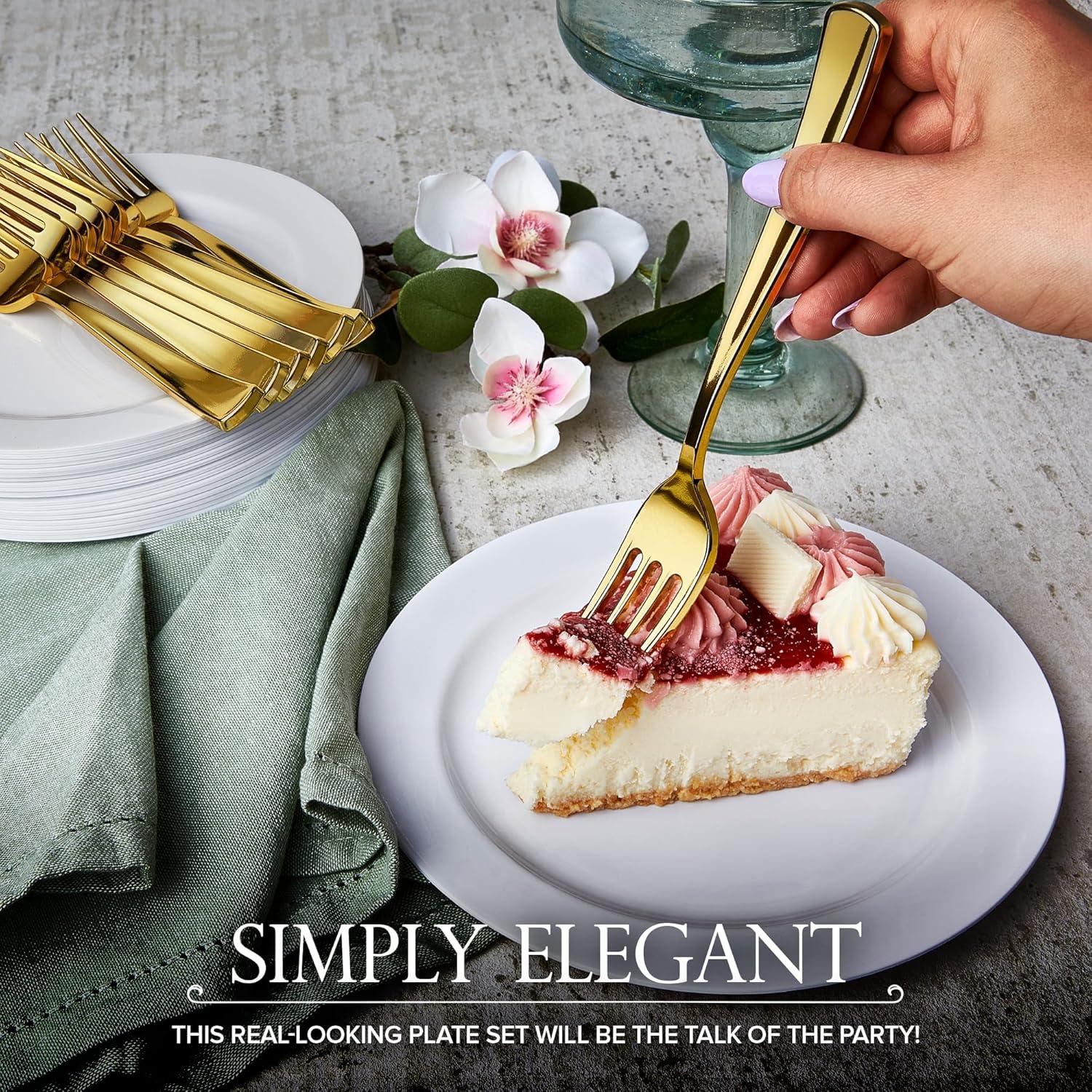 image200 Pcs White Plastic Dessert Plates for Weddings and Gold Plastic Forks 75 Wedding Cake Plates and Forks Elegant Salad Appetizer Plates Disposable for Party Thanksgiving Reception
