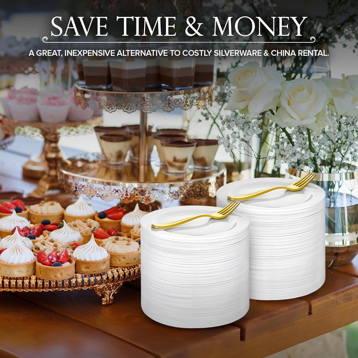 image200 Pcs White Plastic Dessert Plates for Weddings and Gold Plastic Forks 75 Wedding Cake Plates and Forks Elegant Salad Appetizer Plates Disposable for Party Thanksgiving Reception