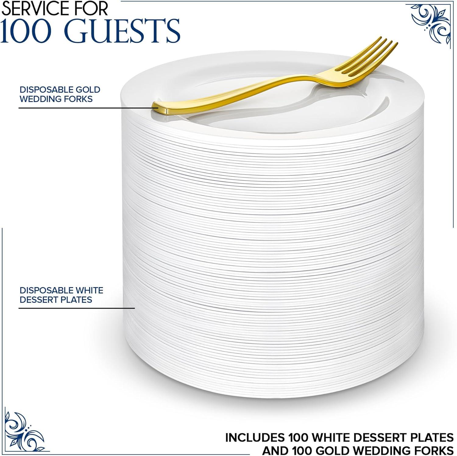 image200 Pcs White Plastic Dessert Plates for Weddings and Gold Plastic Forks 75 Wedding Cake Plates and Forks Elegant Salad Appetizer Plates Disposable for Party Thanksgiving Reception