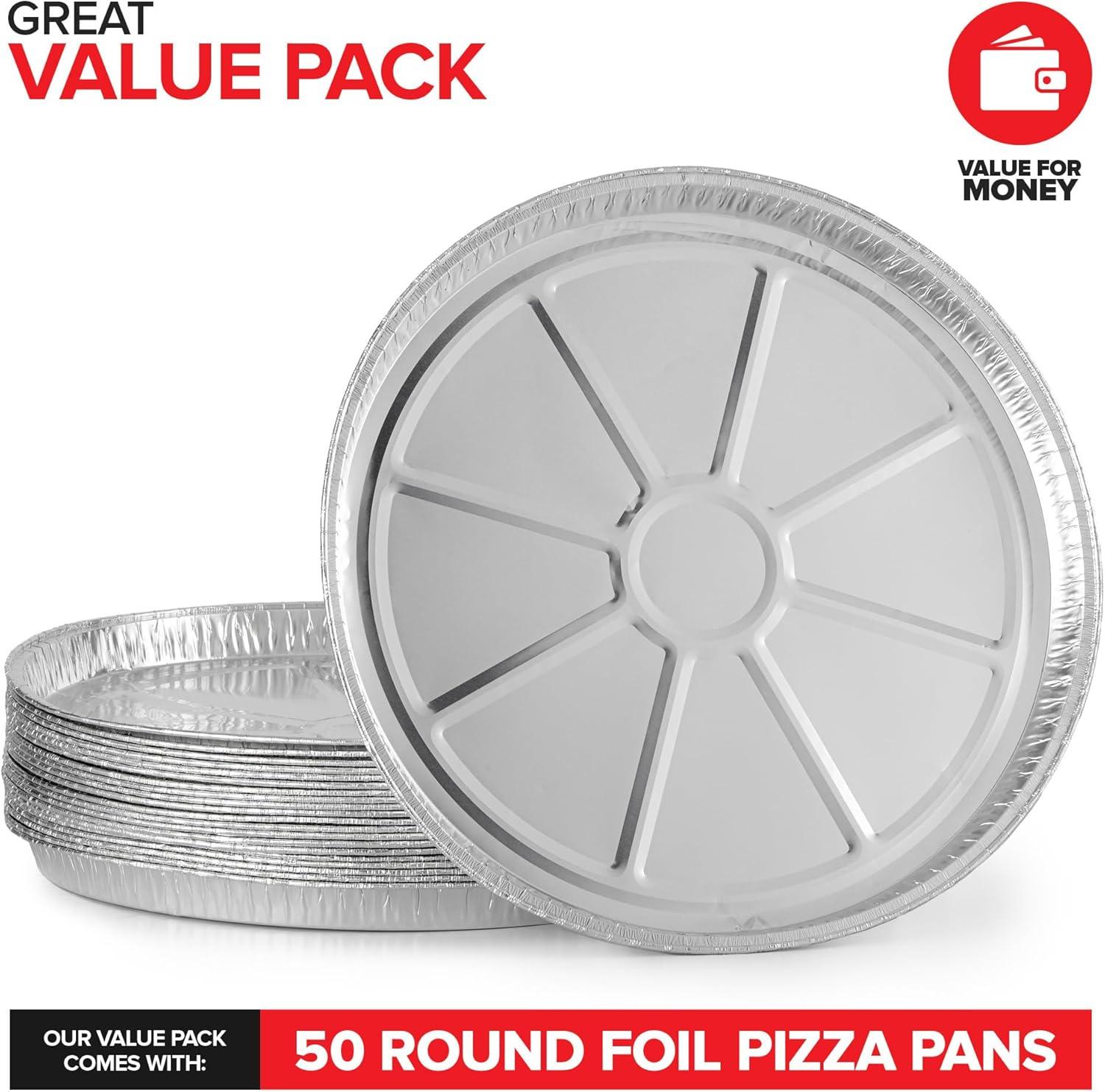 image25 Pack 12 Inch Aluminum Pizza Pans Disposable Round Foil Focaccia Pan for Individual Personal Pizzas Giant Size Chocolate Chip Cookie Cake Tin Large Serving Trays Platter Tray50 Pack