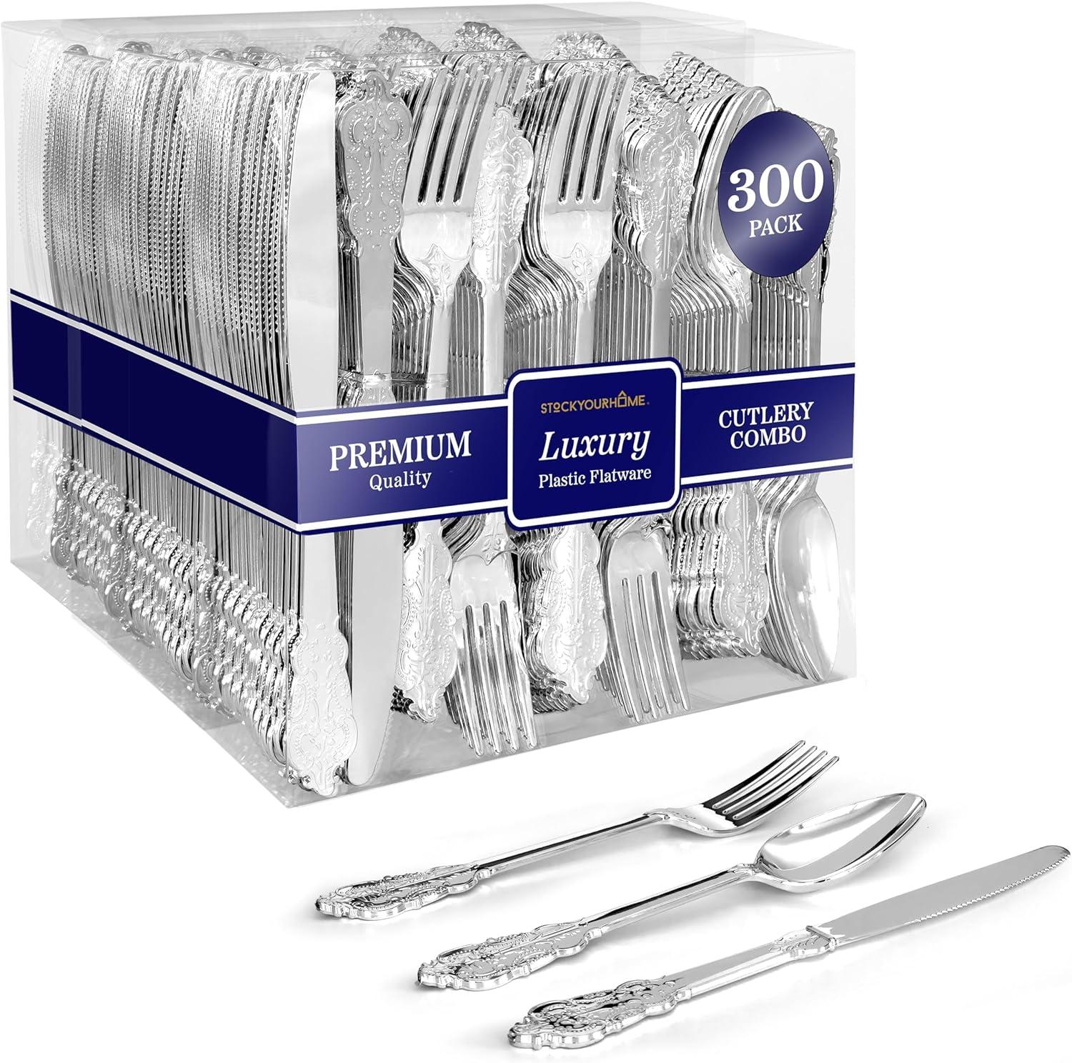 image300 Pcs Silver Plastic Silverware Set 100 Forks 100 Spoons 100 Knives Heavy Duty Disposable Utensils Elegant Flatware for Dinner Party WeddingSilver