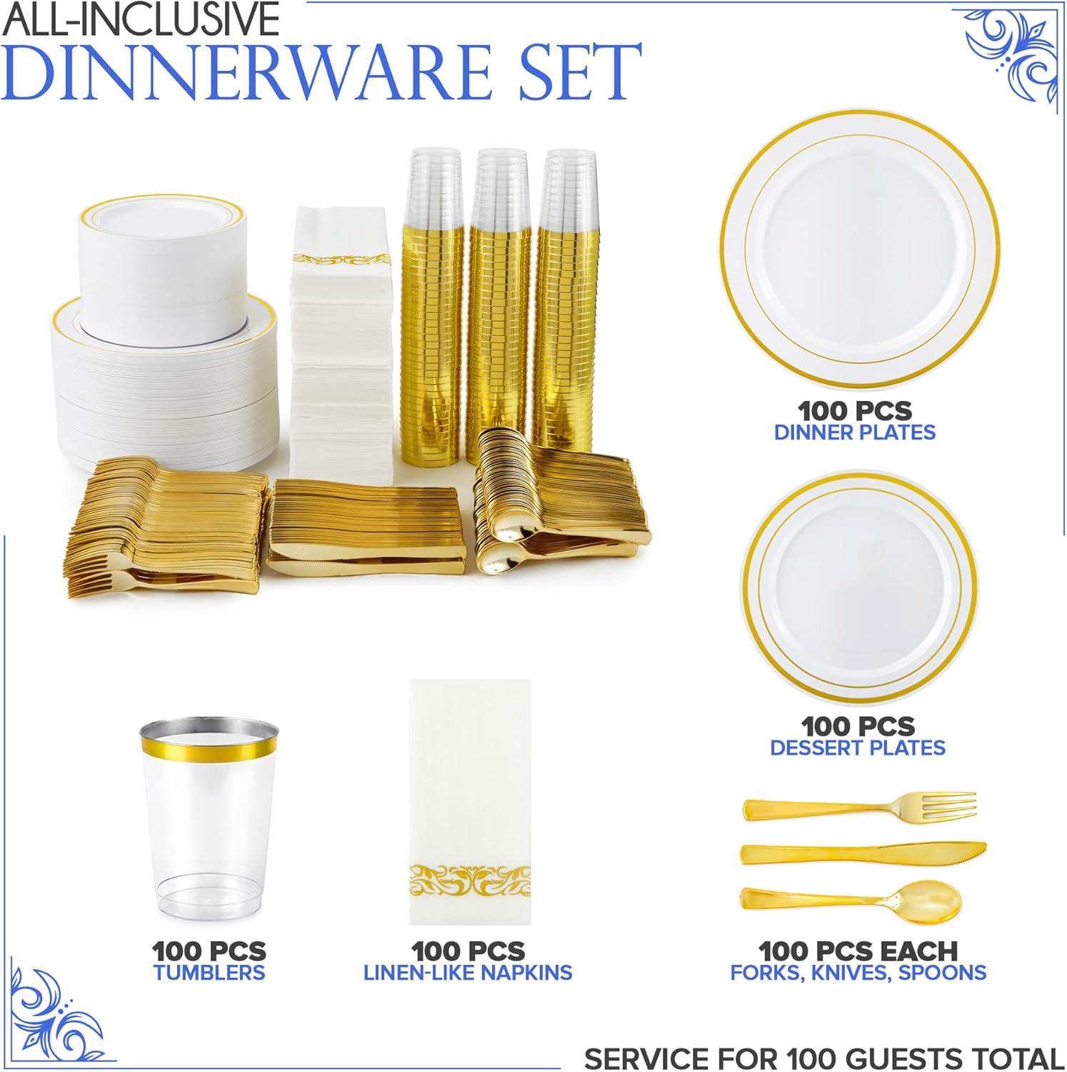 image700 Piece Dinnerware Set for 100 Guests 200 GoldRim Plates 100 Silverware Sets 100 Cups 100 Napkins Bulk Disposable Party Supplies for Weddings and Events