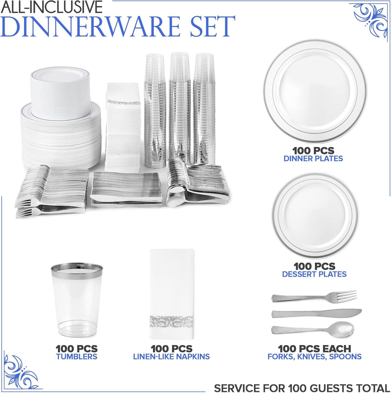 image700 Piece Silver Dinnerware Set 200 SilverRim Plastic Plates 100 Silver Silverware 100 Plastic Cups 100 ClothLike Napkins Bulk Wedding Plates Disposable Set 100 Guests