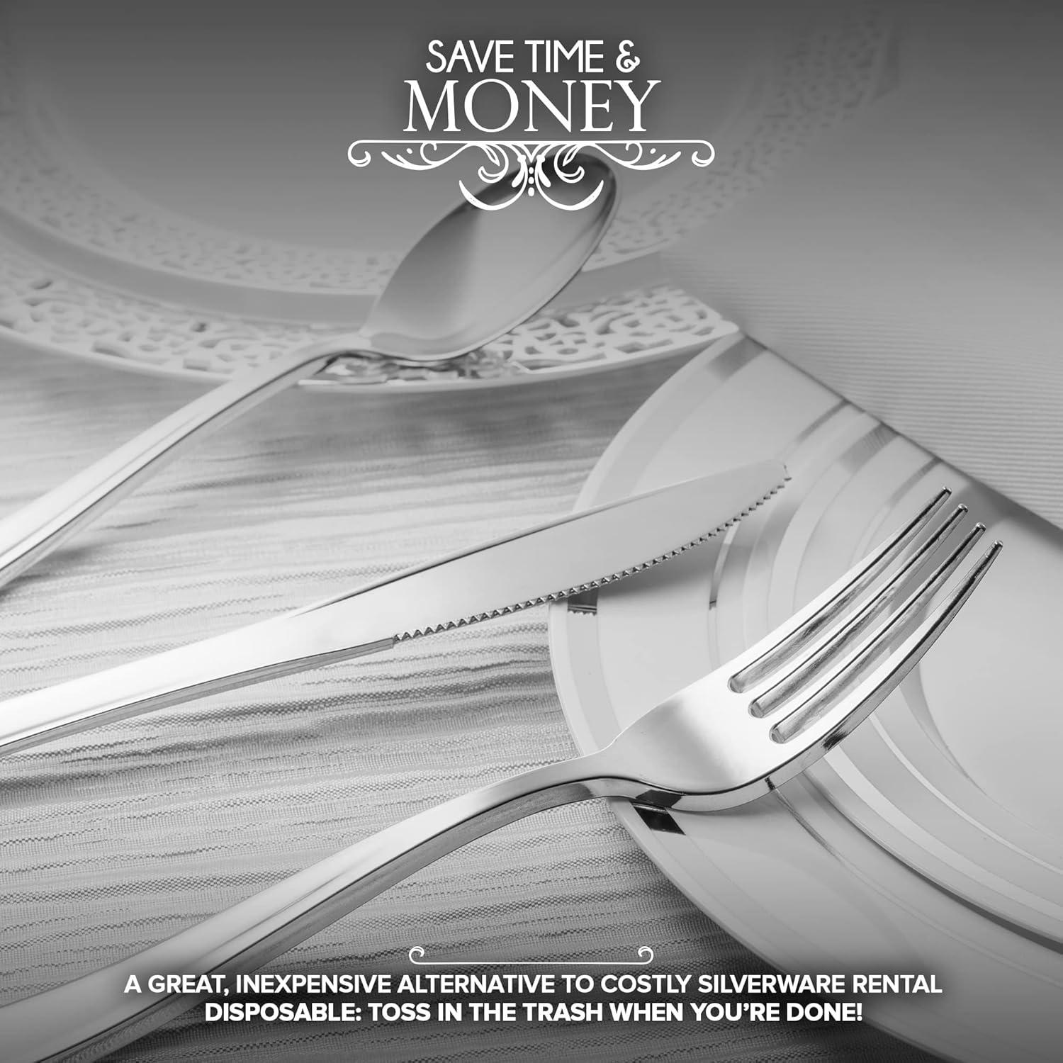 image700 Piece Silver Dinnerware Set 200 SilverRim Plastic Plates 100 Silver Silverware 100 Plastic Cups 100 ClothLike Napkins Bulk Wedding Plates Disposable Set 100 Guests