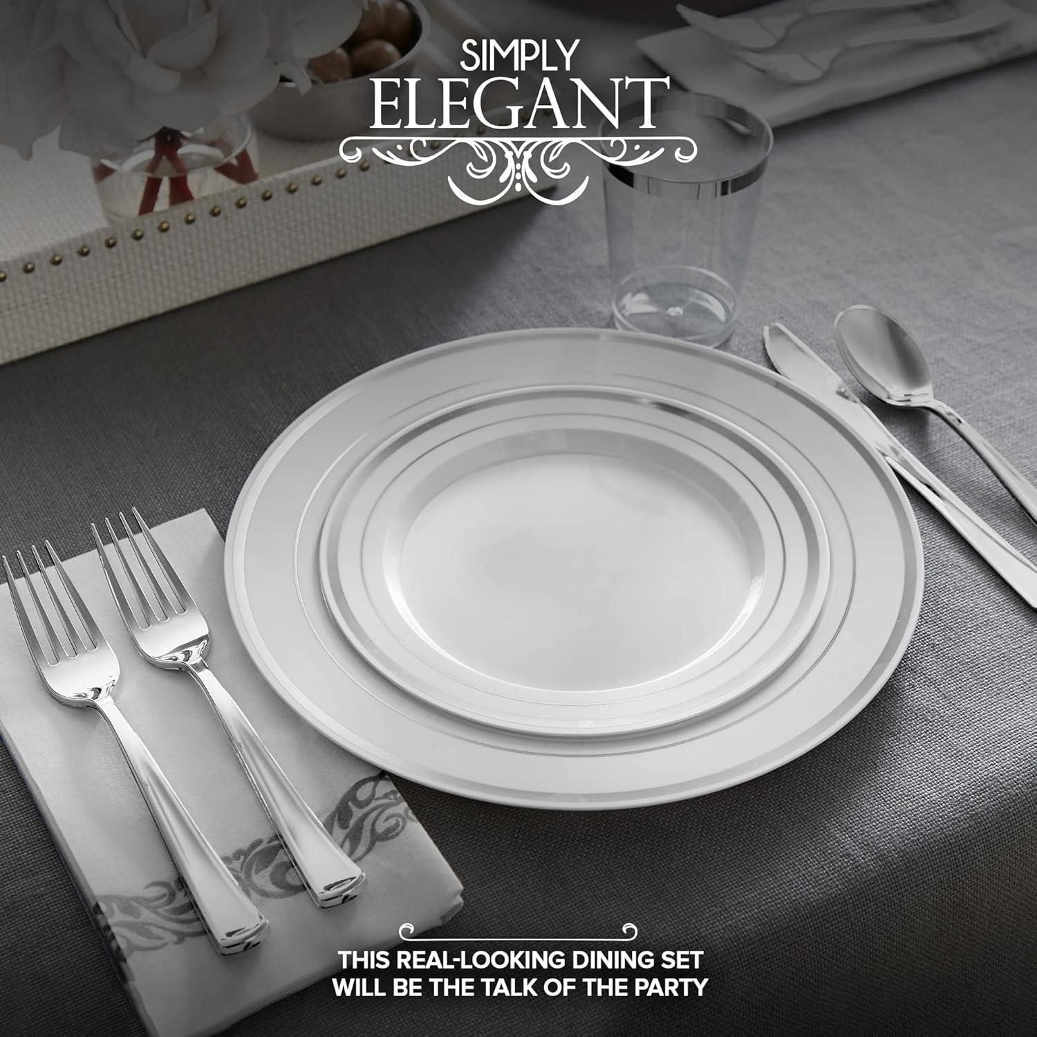 image700 Piece Silver Dinnerware Set 200 SilverRim Plastic Plates 100 Silver Silverware 100 Plastic Cups 100 ClothLike Napkins Bulk Wedding Plates Disposable Set 100 Guests