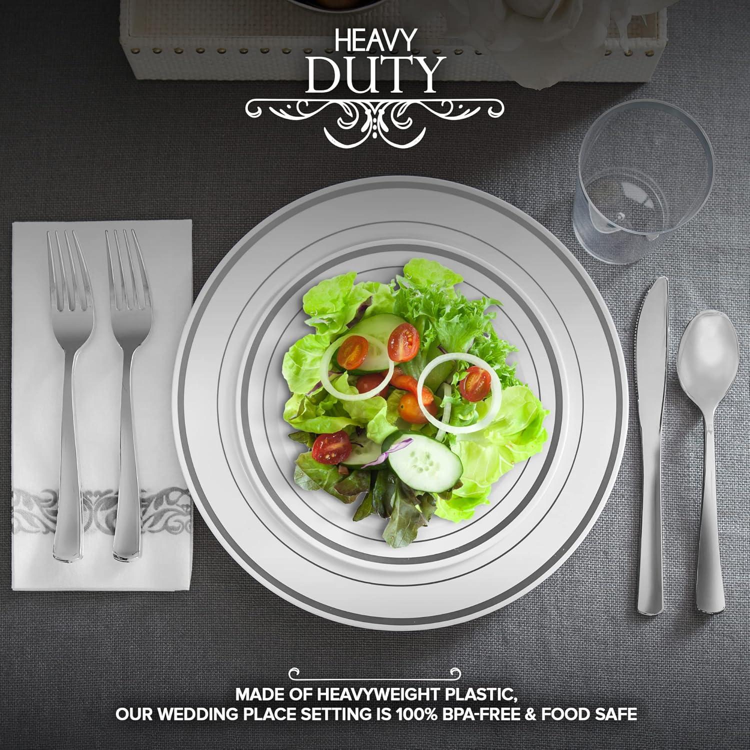 image700 Piece Silver Dinnerware Set 200 SilverRim Plastic Plates 100 Silver Silverware 100 Plastic Cups 100 ClothLike Napkins Bulk Wedding Plates Disposable Set 100 Guests
