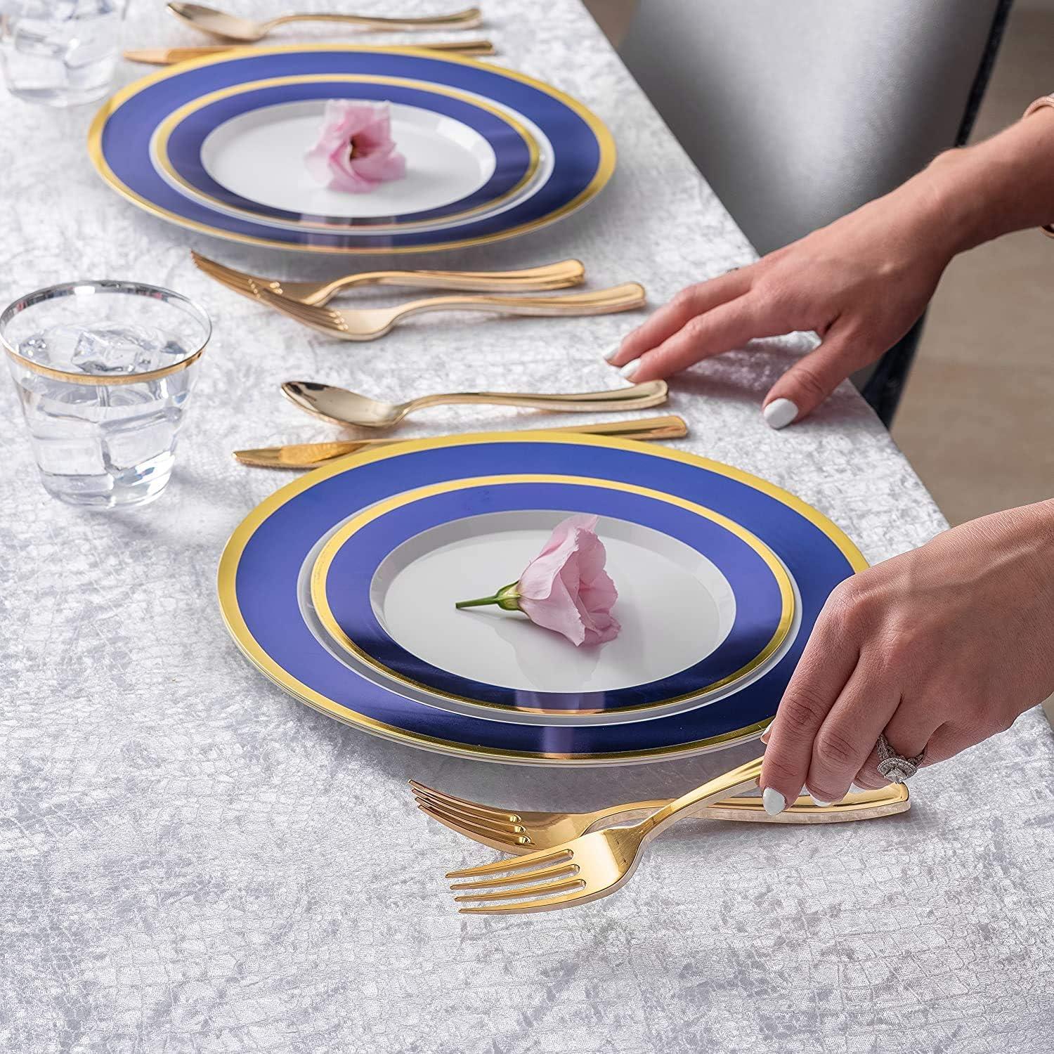 imageBlue and Gold Rim Plastic Dinnerware 200Piece Plastic Plates Cutlery Cups and Napkins Service for 25 Guests Place Setting for Wedding Party Shower Birthday Holiday200Piece