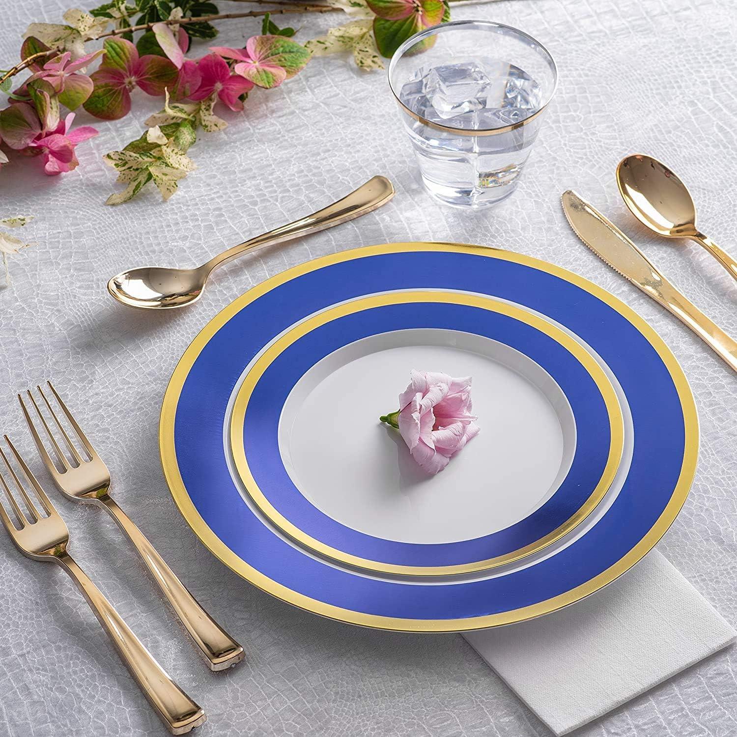 imageBlue and Gold Rim Plastic Dinnerware 200Piece Plastic Plates Cutlery Cups and Napkins Service for 25 Guests Place Setting for Wedding Party Shower Birthday Holiday200Piece