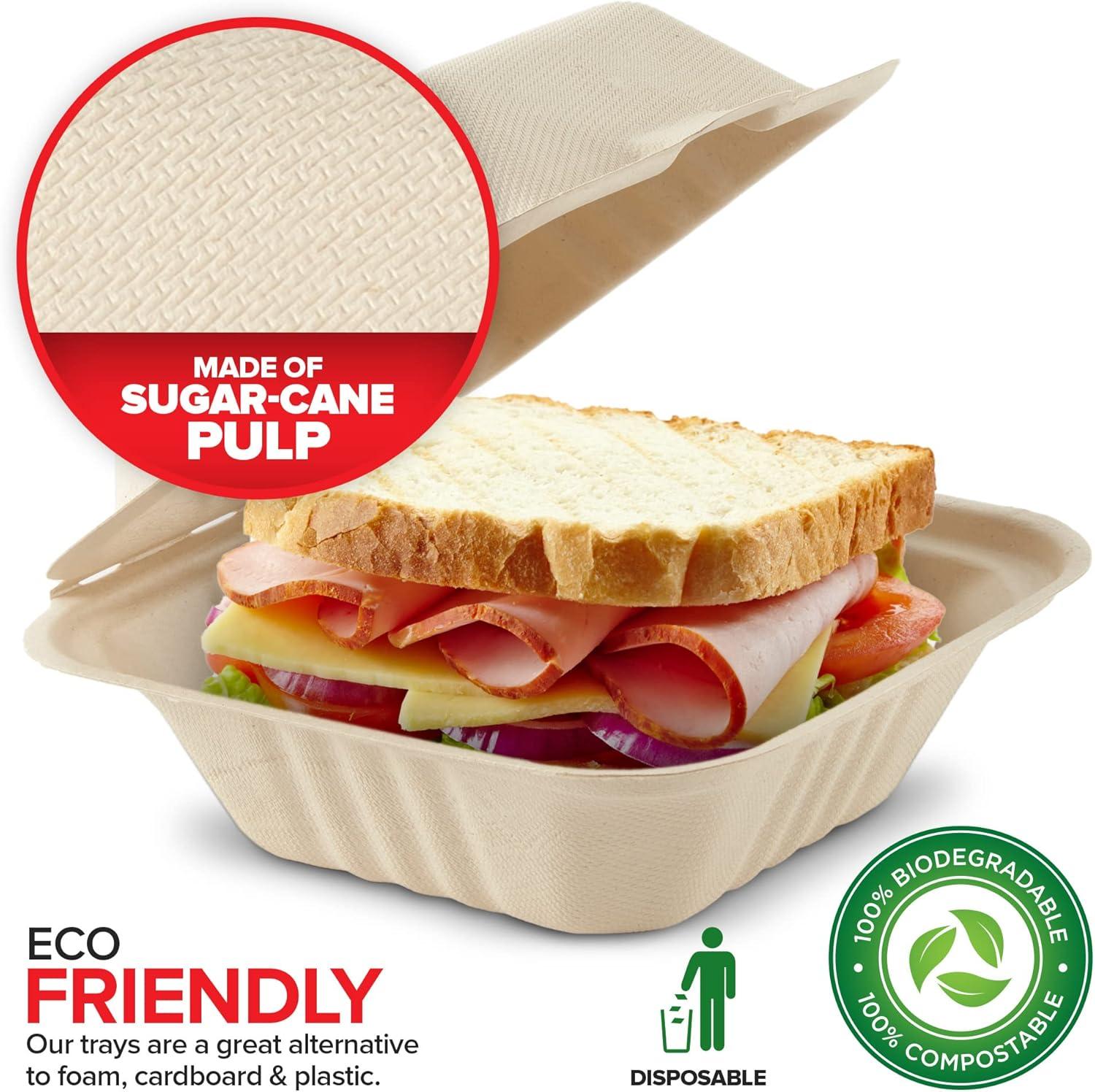 imageClamshell Take Out Food Containers 6 x 6 50 Pack 1Compartment Disposable To Go Container Togo Boxes With Lids Trays for Lunch Dinner MealPrep Eco Friendly Compostable Biodegradable