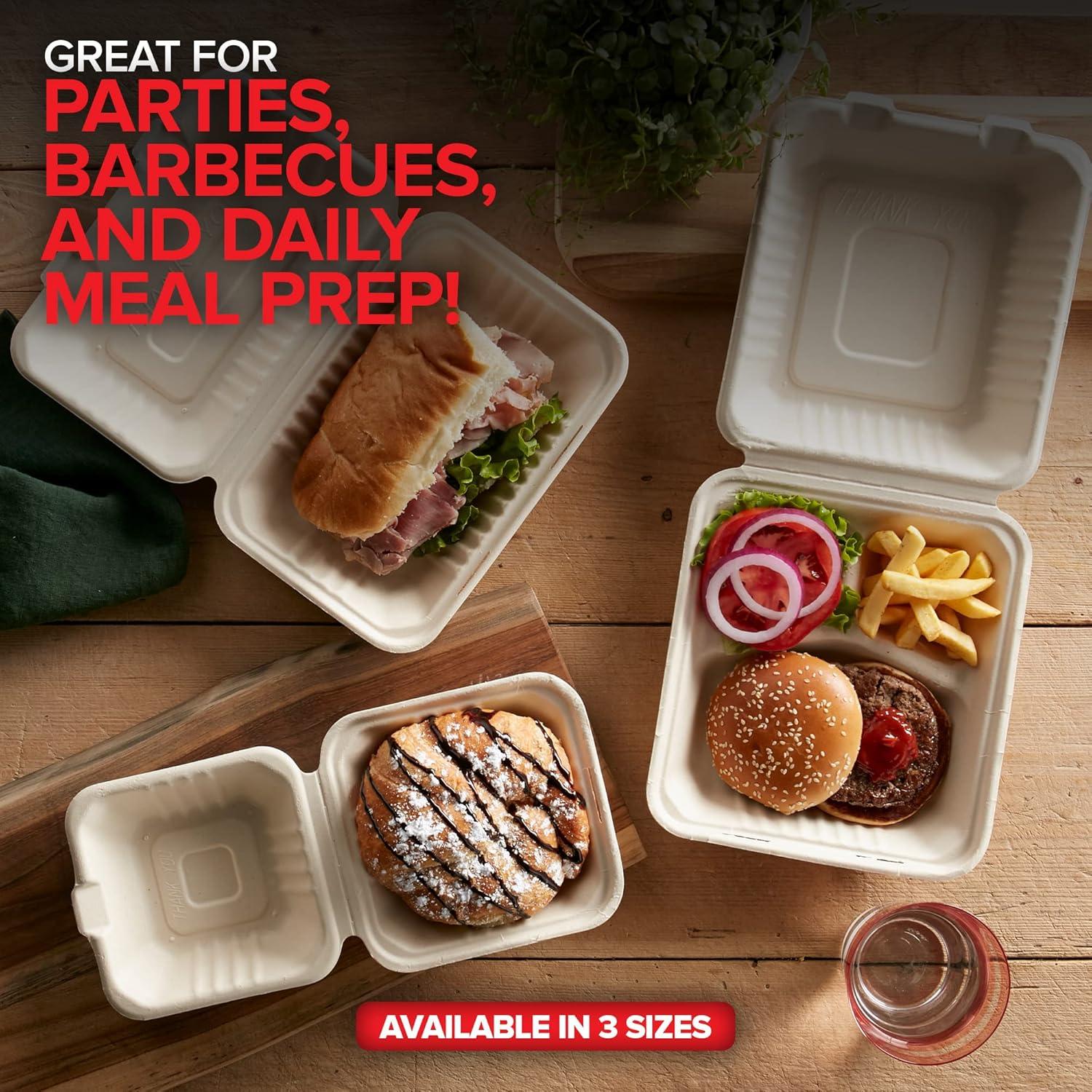 imageClamshell Take Out Food Containers 6 x 6 50 Pack 1Compartment Disposable To Go Container Togo Boxes With Lids Trays for Lunch Dinner MealPrep Eco Friendly Compostable Biodegradable