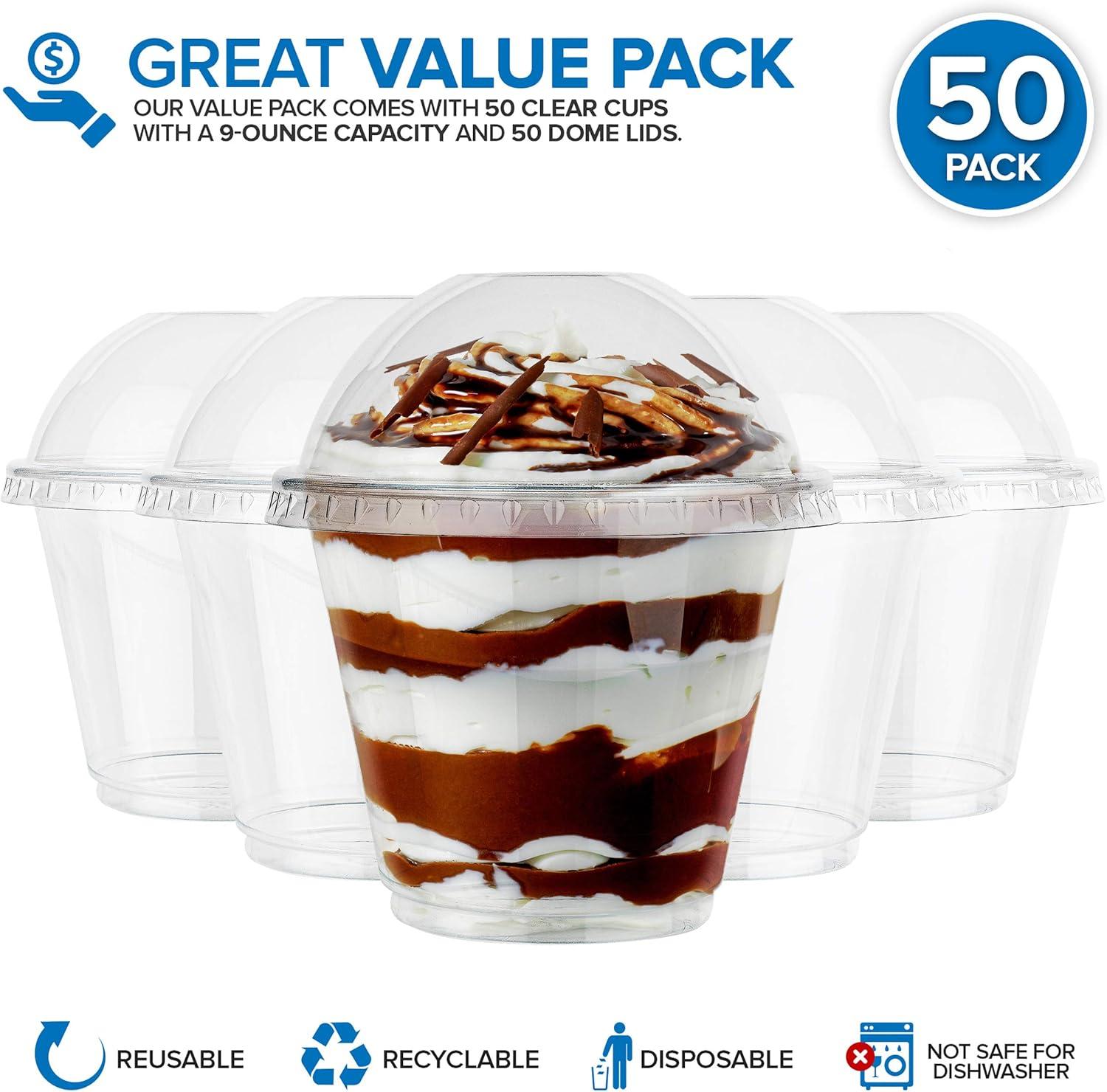 imageClear Plastic Dessert Cups with Lids 8 oz Set of 50 Small Disposable Parfait Cup Dome Lid No Hole 8Ounce Party Fruit Containers Banana Pudding Bowl Jello Ice Cream Desserts Container9 Ounce