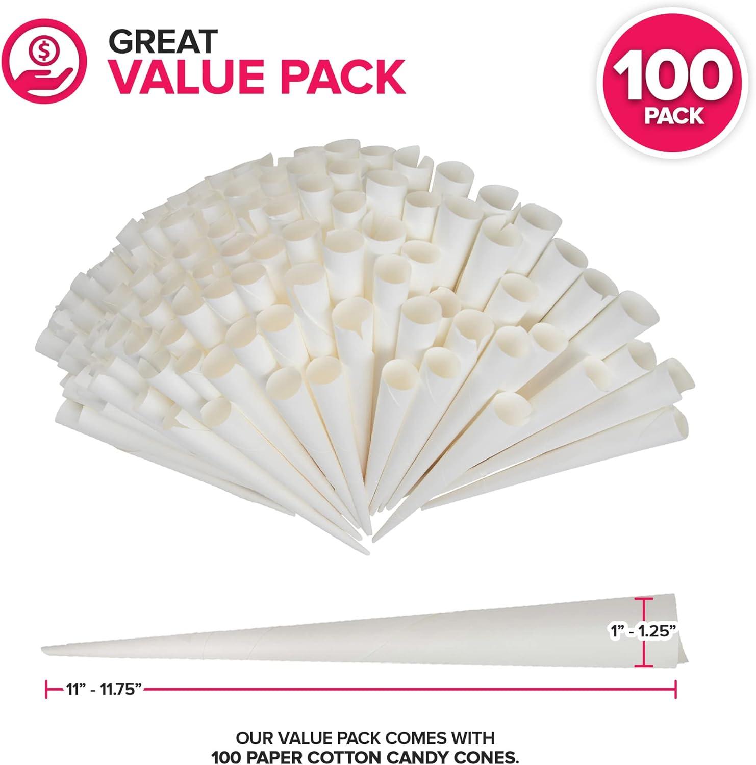 imageCotton Candy Cones 100 Pack White Kraft Paper Sticks for Floss Sugar amp Carnival Treats Compatible with Cotton Candy Machines Stock Your HomeCones