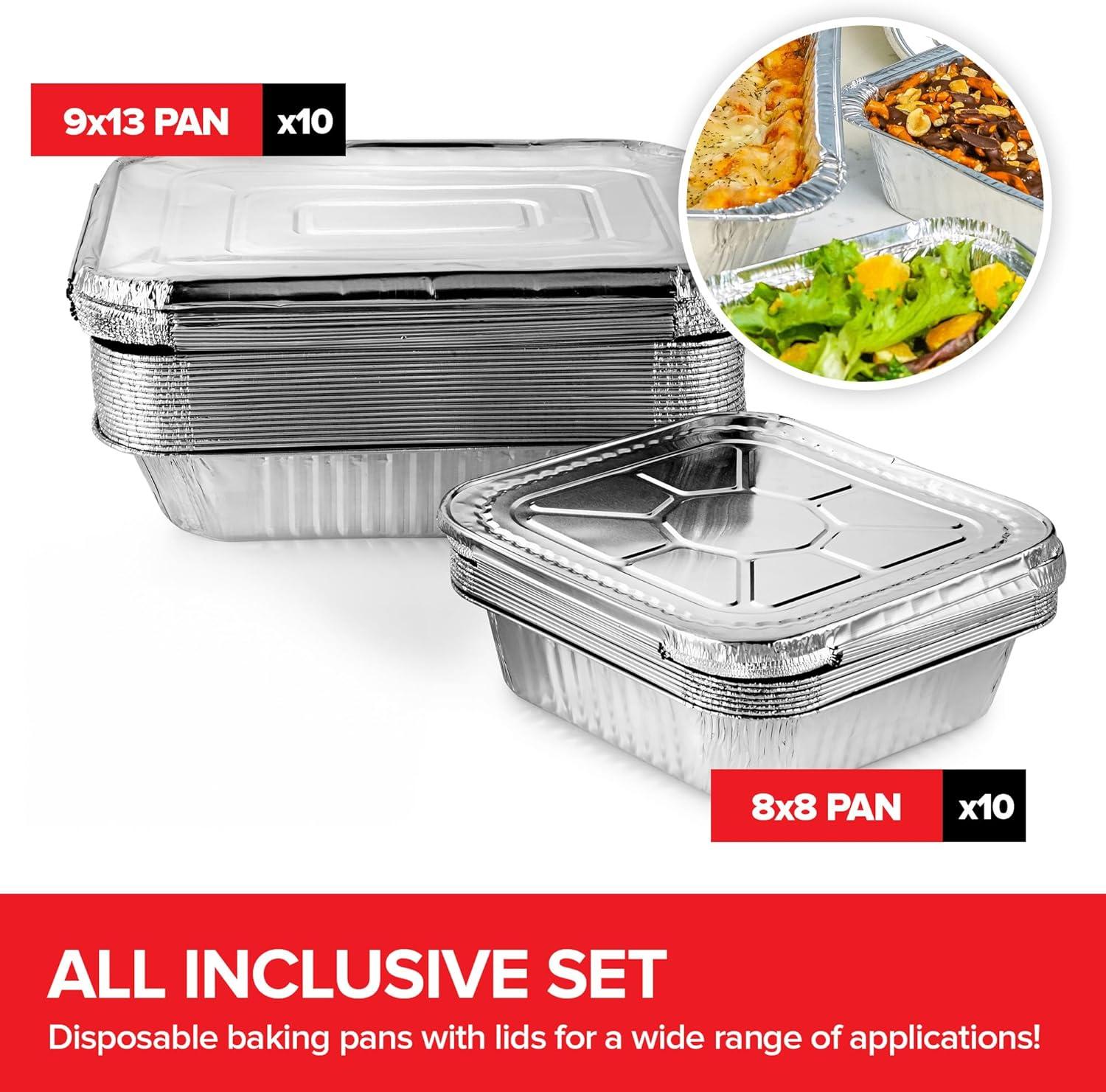 imageDisposable Foil Pans with Lids Set of 20 Heavy Duty Aluminum Pans with Lids 9x13 x10 8x8 x10 Baking Tins with Covers for Cooking Heating Storing Food Prep Holiday Dinner Meals