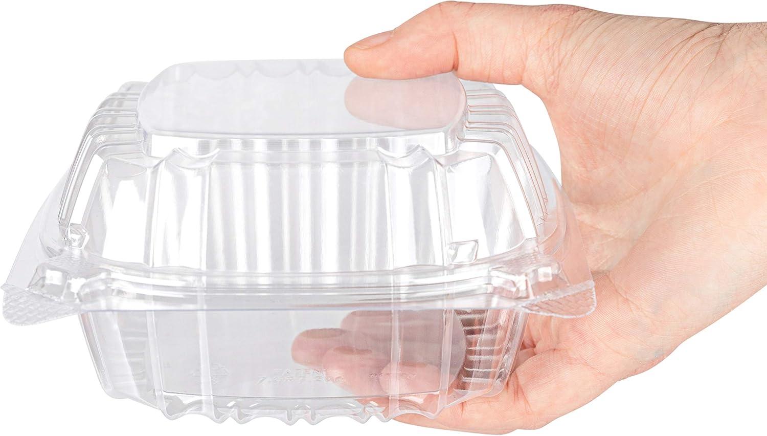 imageDisposable Plastic To Go Containers with Clear Lids 50 Pack Fancy Hinged Top Square Clamshell Food Boxes for Take Out Home Party Togo Clam Shell Box to Carry Cake Dessert Small Sandwich5 x 5 600 Count