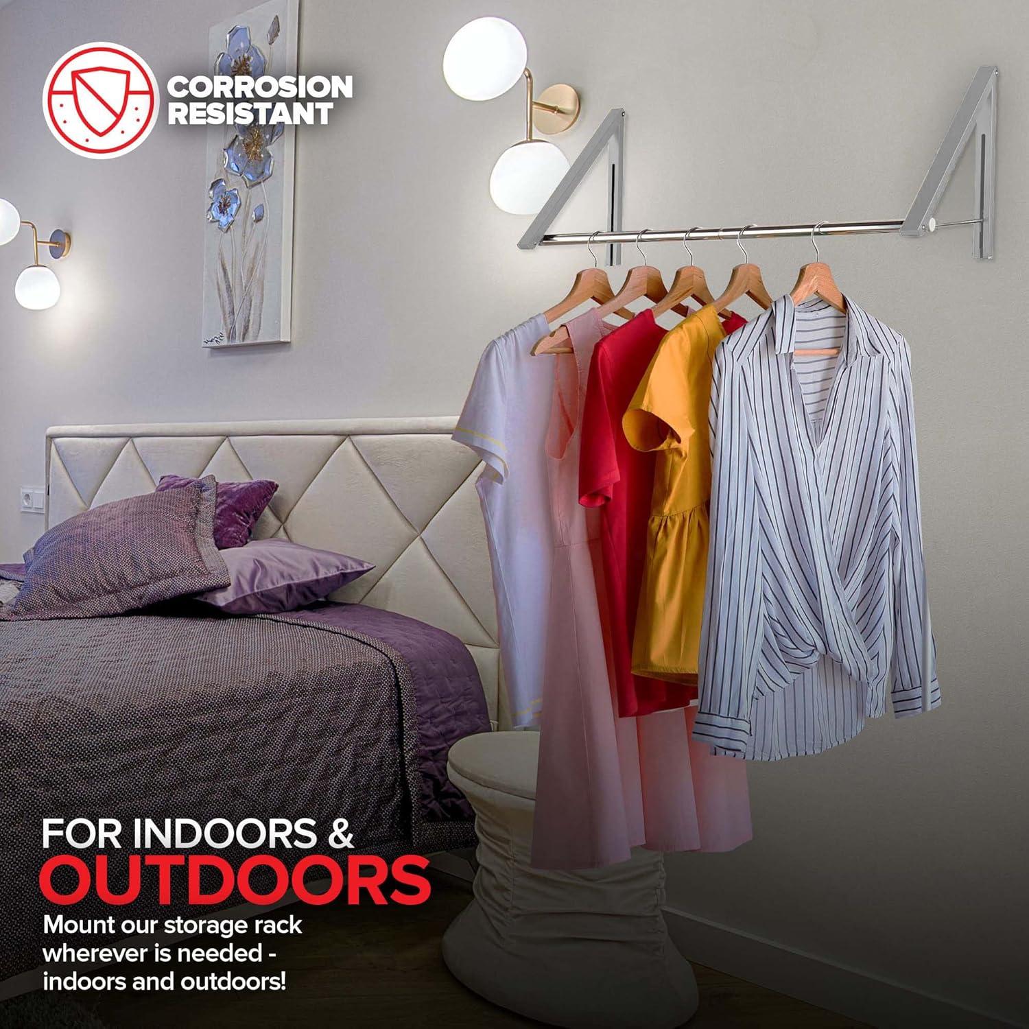 imageDouble Foldable Clothing Rack w Extension Rod WallMounted Retractable Clothes Hanger for Laundry Dryer Room Hanging Drying Rod Small Collapsible Folding Garment Racks Dorm Accessories GrayChrome
