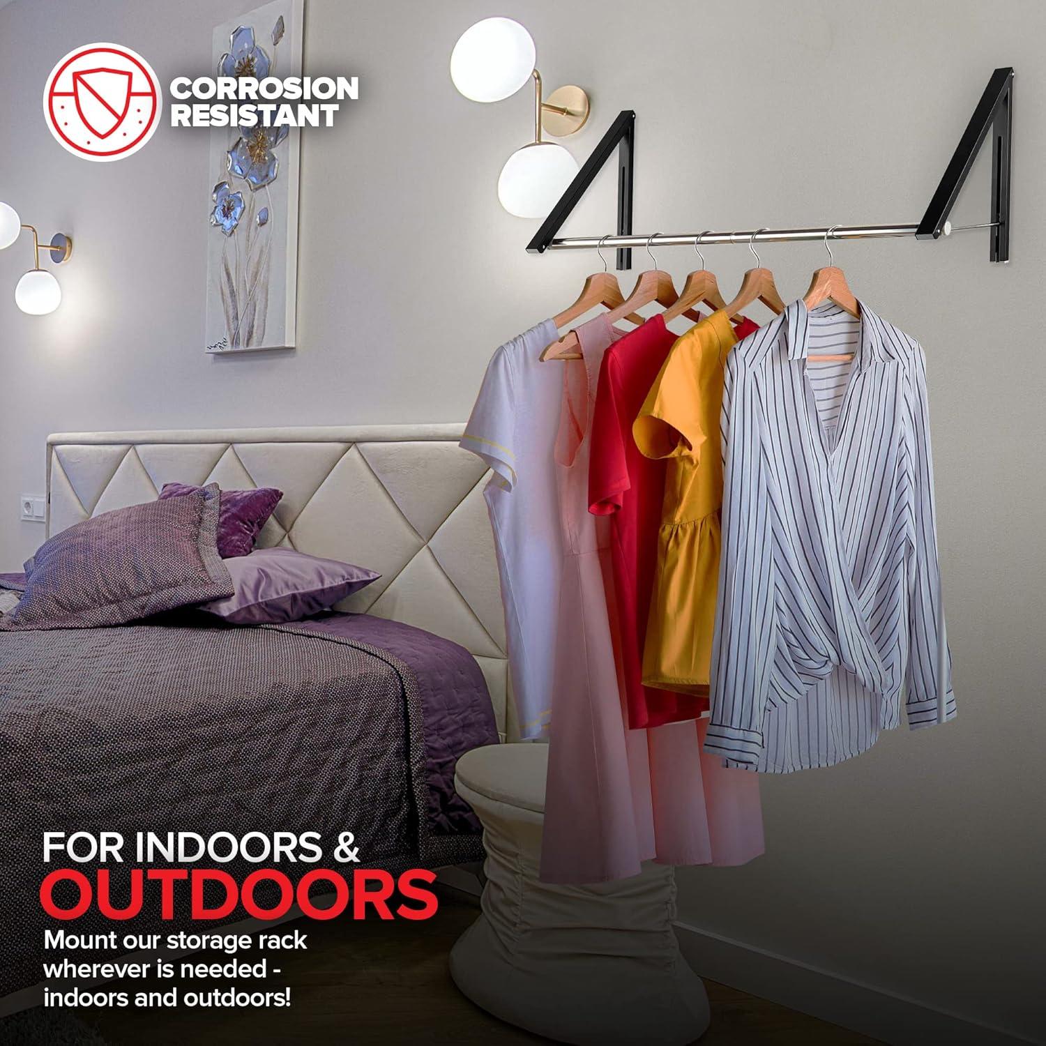 imageDouble Foldable Clothing Rack w Extension Rod WallMounted Retractable Clothes Hanger for Laundry Dryer Room Hanging Drying Rod Small Collapsible Folding Garment Racks Dorm Accessories GrayBlack
