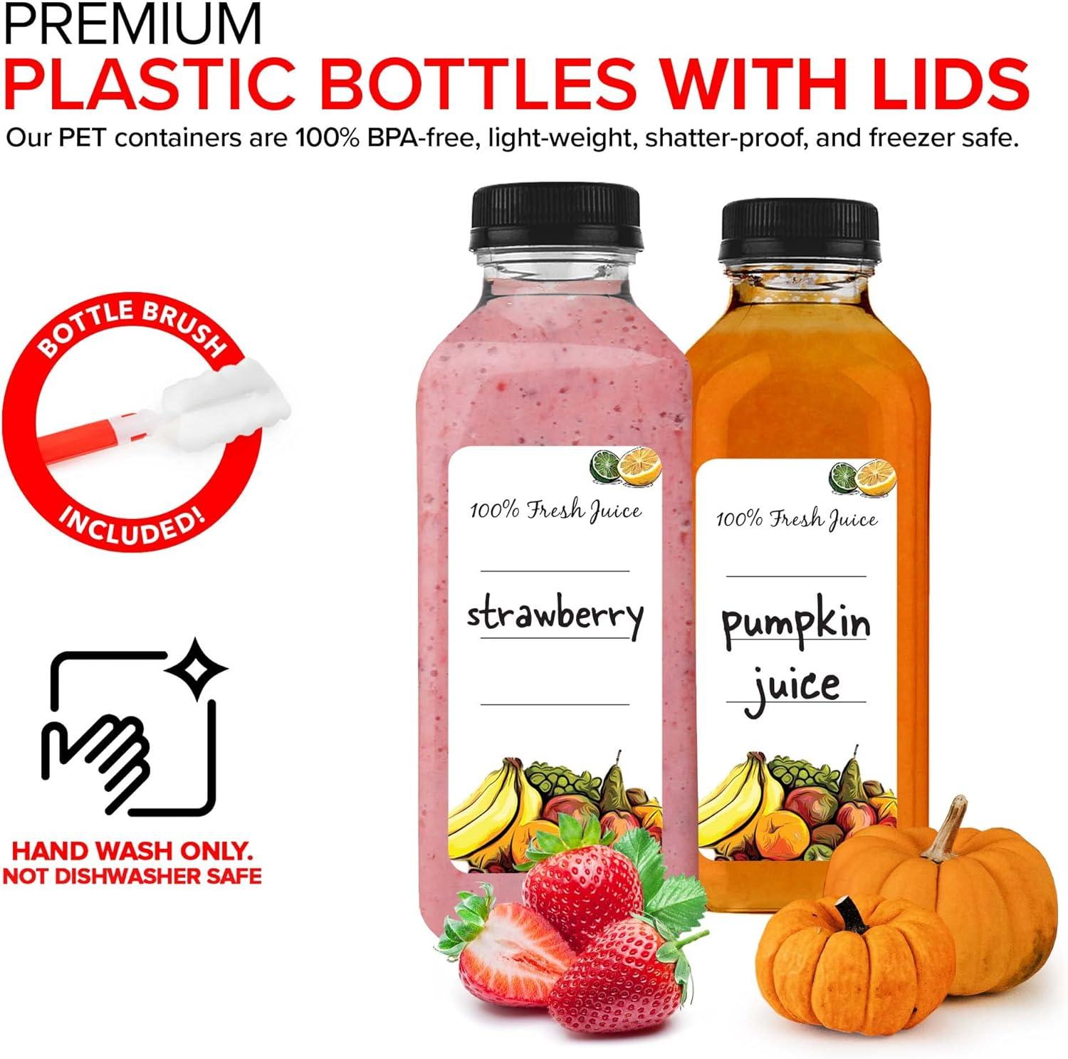 imageEmpty Plastic Juice Bottles Bulk with Caps for Juicing amp Smoothies Reusable Clear 16 Ounce Drink Containers for Mini Fridge Juicer Shots Small 16 oz 12 PackBlack Cap