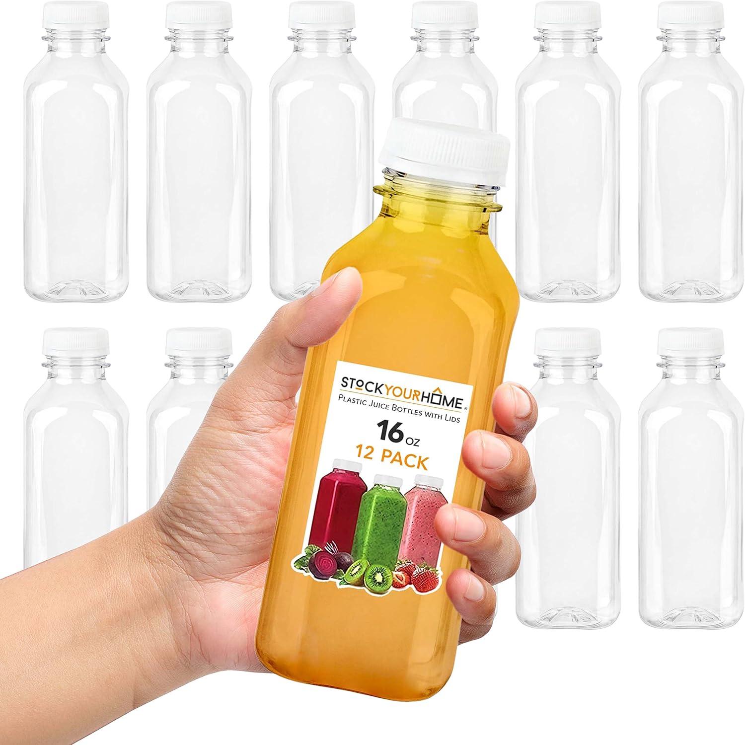imageEmpty Plastic Juice Bottles Bulk with Caps for Juicing amp Smoothies Reusable Clear 16 Ounce Drink Containers for Mini Fridge Juicer Shots Small 16 oz 12 PackWhite Cap
