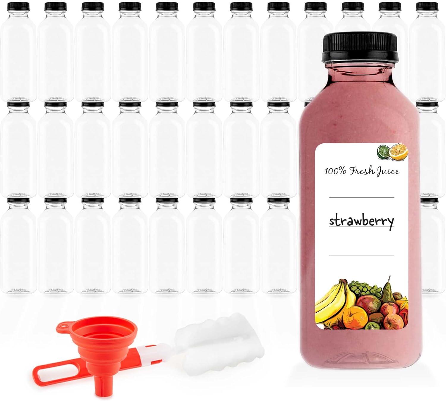 imageEmpty Plastic Juice Bottles Bulk with Caps for Juicing amp Smoothies Reusable Clear 16 Ounce Drink Containers for Mini Fridge Juicer Shots Small 16 oz 12 PackBlack Cap