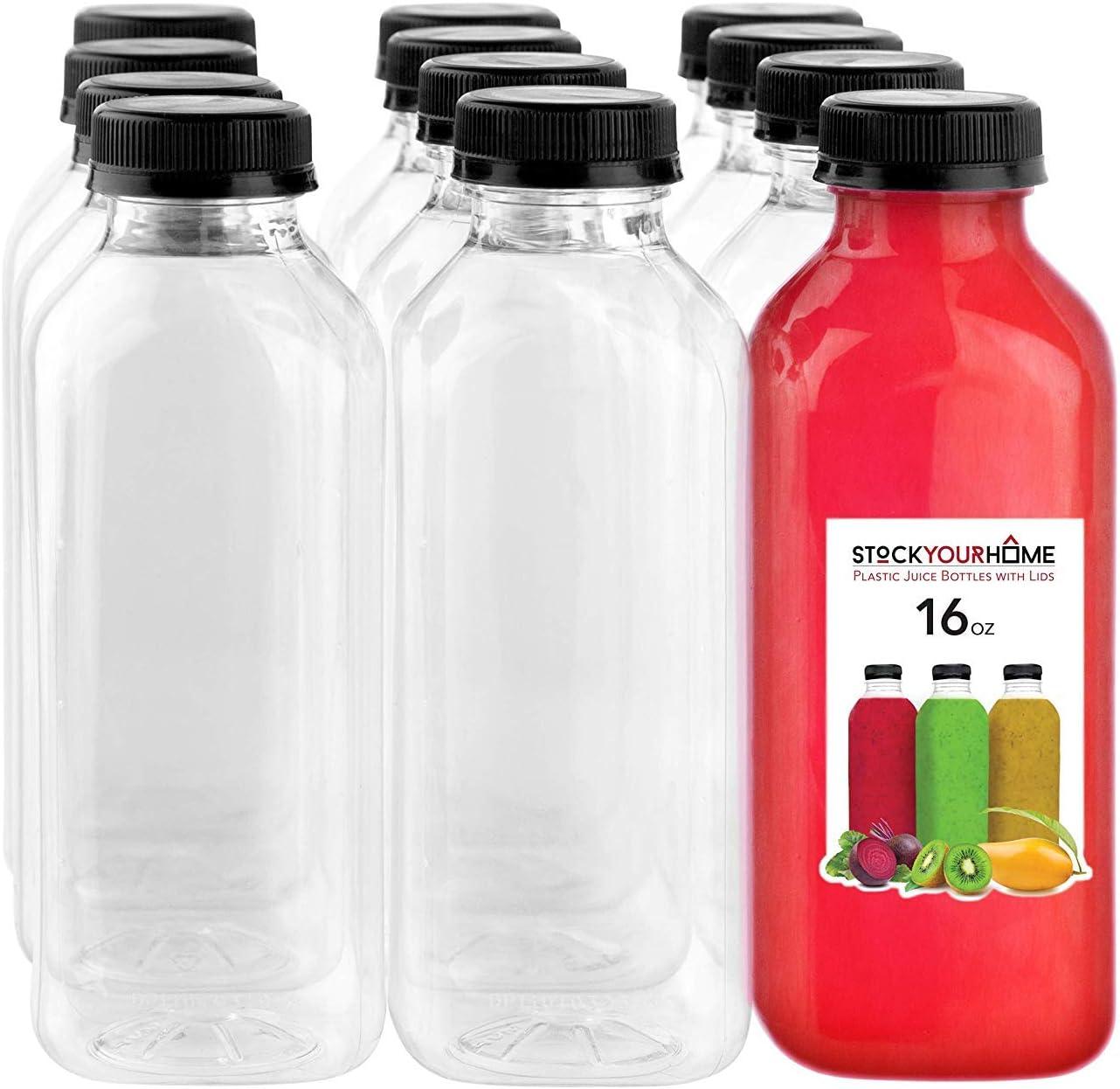 imageEmpty Plastic Juice Bottles Bulk with Caps for Juicing amp Smoothies Reusable Clear 16 Ounce Drink Containers for Mini Fridge Juicer Shots Small 16 oz 12 PackBlack Cap