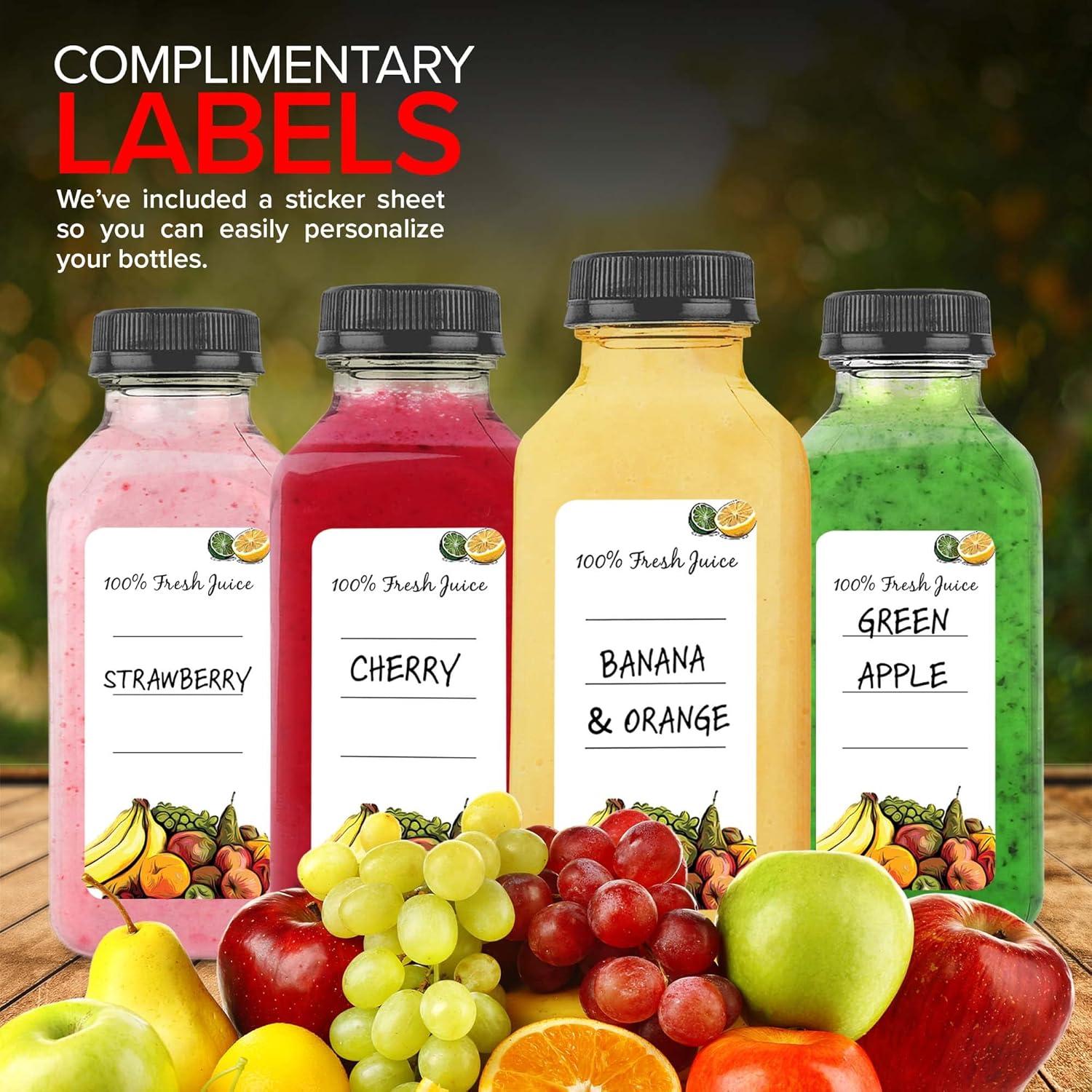 imageEmpty Plastic Juice Bottles Bulk with Caps for Juicing amp Smoothies Reusable Clear 16 Ounce Drink Containers for Mini Fridge Juicer Shots Small 16 oz 12 PackBlack Cap