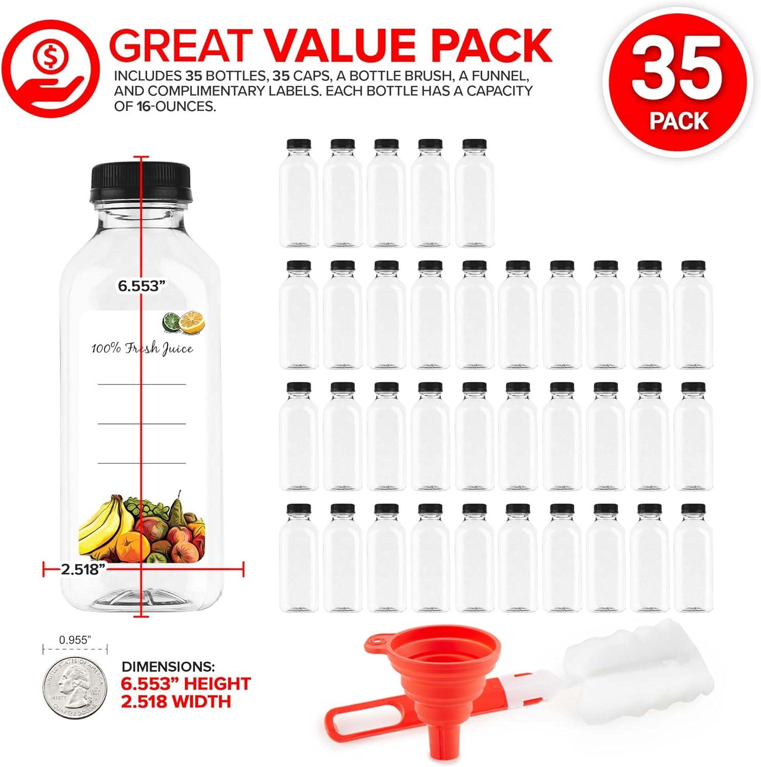 imageEmpty Plastic Juice Bottles Bulk with Caps for Juicing amp Smoothies Reusable Clear 16 Ounce Drink Containers for Mini Fridge Juicer Shots Small 16 oz 12 PackBlack Cap