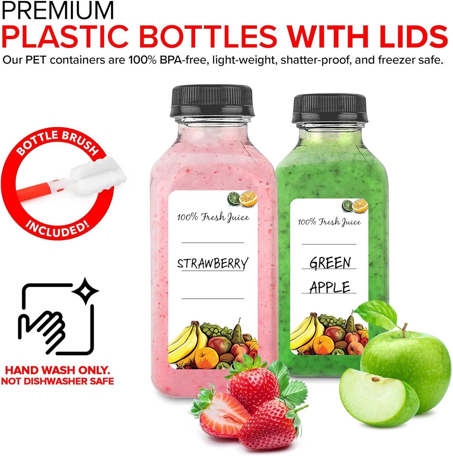 imageEmpty Plastic Juice Bottles Bulk with Caps for Juicing amp Smoothies Reusable Clear 16 Ounce Drink Containers for Mini Fridge Juicer Shots Small 16 oz 12 PackBlack Cap
