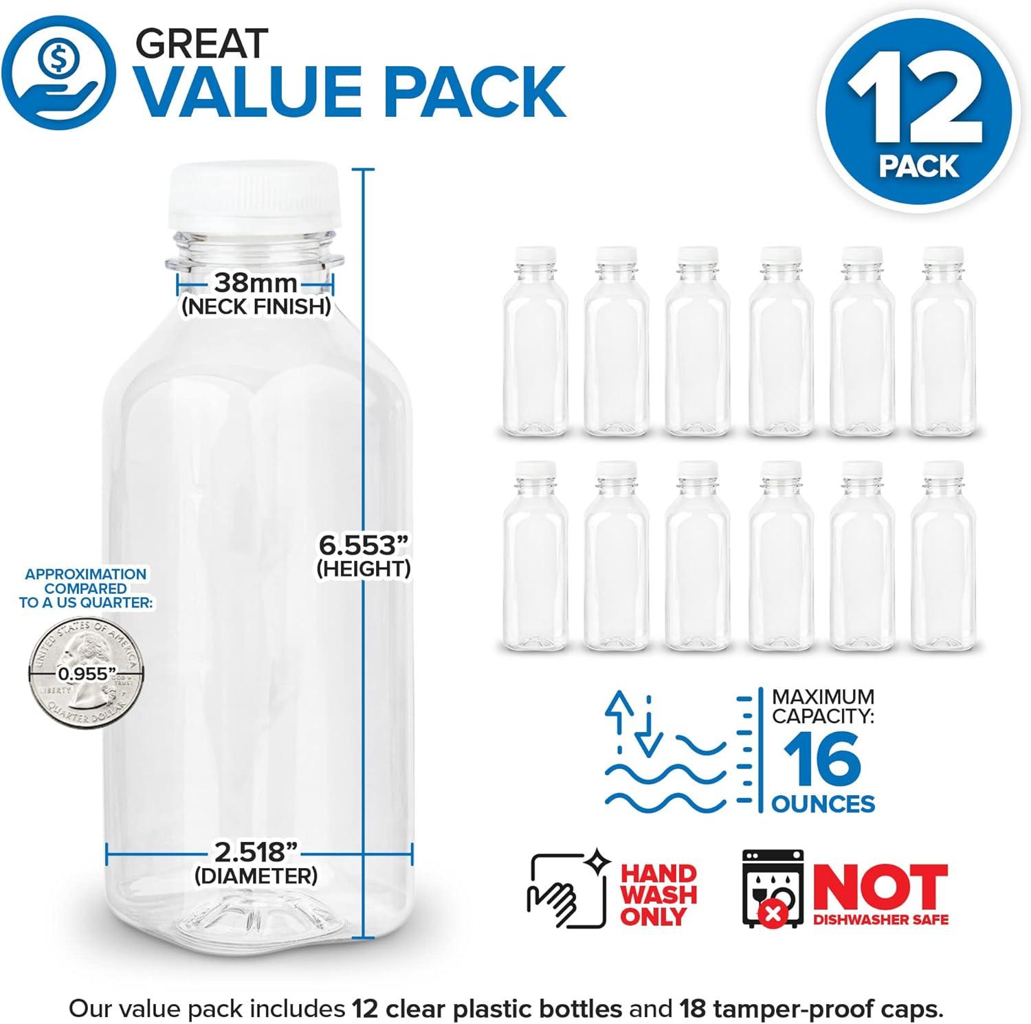 imageEmpty Plastic Juice Bottles Bulk with Caps for Juicing amp Smoothies Reusable Clear 16 Ounce Drink Containers for Mini Fridge Juicer Shots Small 16 oz 12 PackWhite Cap