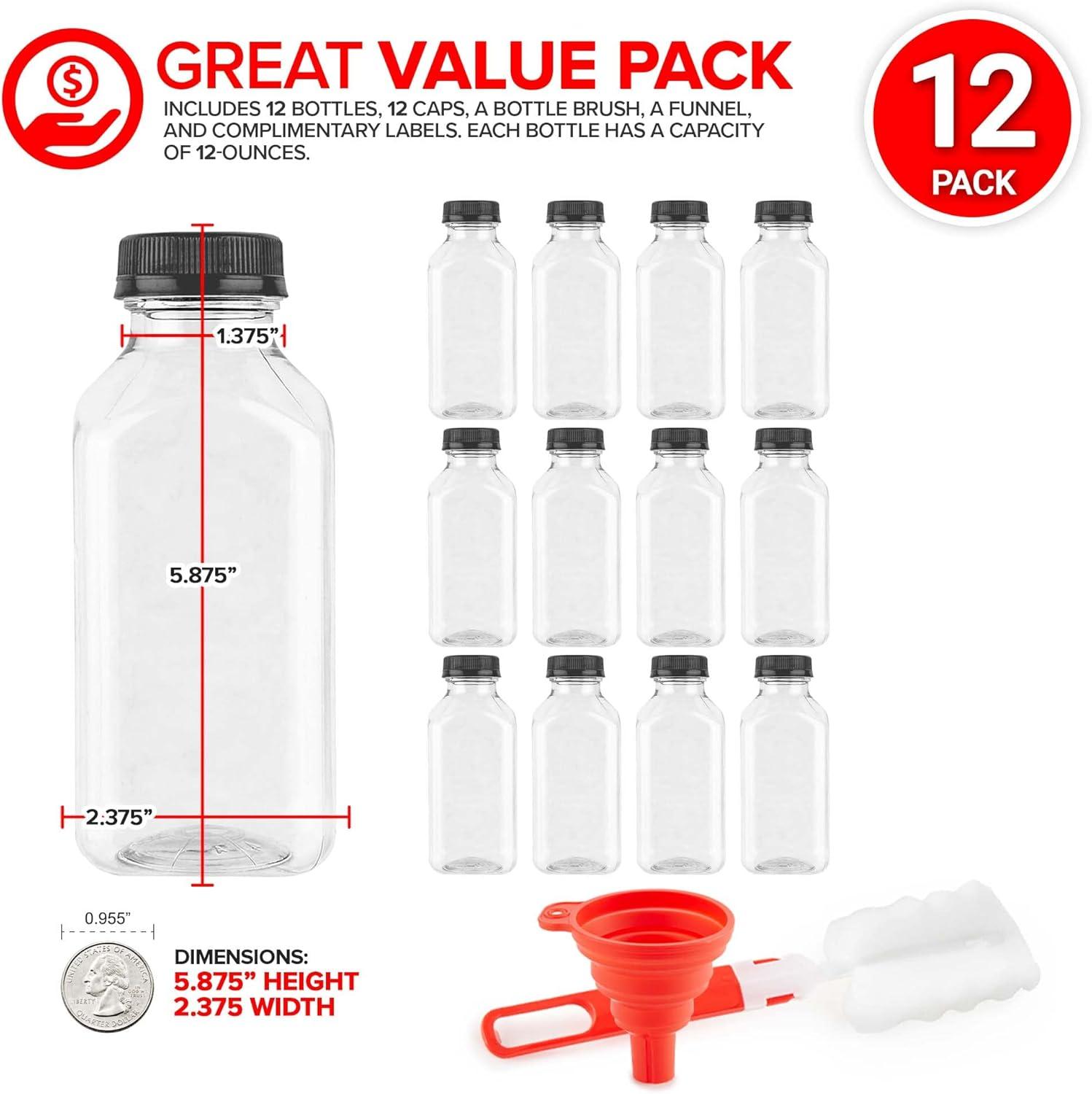 imageEmpty Plastic Juice Bottles Bulk with Caps for Juicing amp Smoothies Reusable Clear 16 Ounce Drink Containers for Mini Fridge Juicer Shots Small 16 oz 12 PackBlack Cap