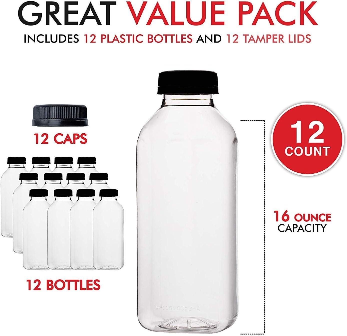 imageEmpty Plastic Juice Bottles Bulk with Caps for Juicing amp Smoothies Reusable Clear 16 Ounce Drink Containers for Mini Fridge Juicer Shots Small 16 oz 12 PackBlack Cap