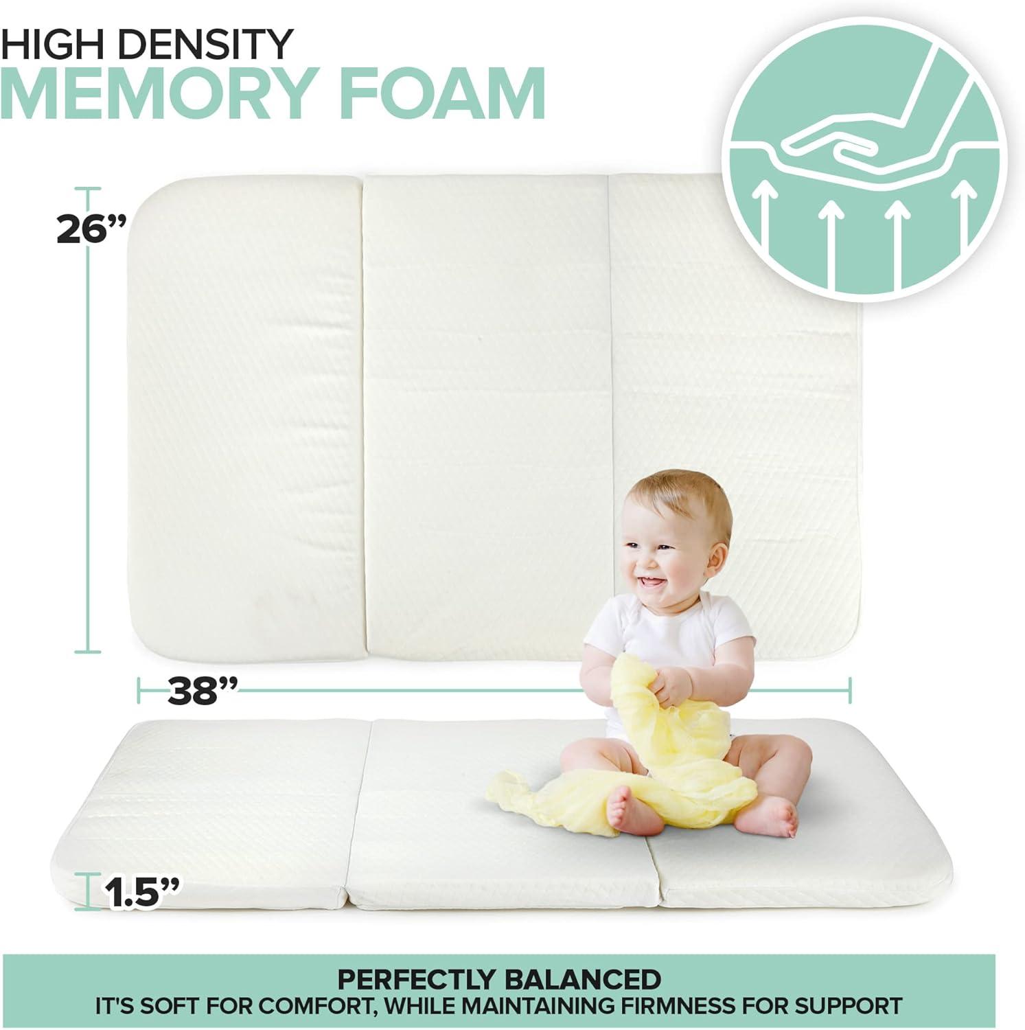 imageFoldable Travel Pack n Play Mattress Pad with Bag Waterproof Portable Mini Crib Mattresses Baby Bed Playpen Memory Foam Topper Playard Pen Accessories Traveling Case IncludedFoldable