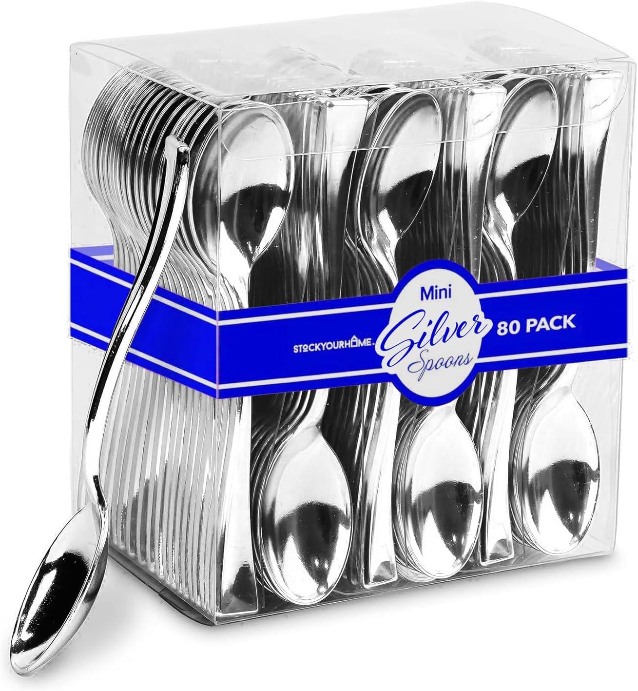imageGold Plastic Mini Spoons Disposable 4 inch 80 Pack Tasting Spoon Dessert Mini spoon for Ice Cream Taster Small Sample Desserts Gelato Sampling Fancy Miniature Pudding Little Appetizers BulkSilver