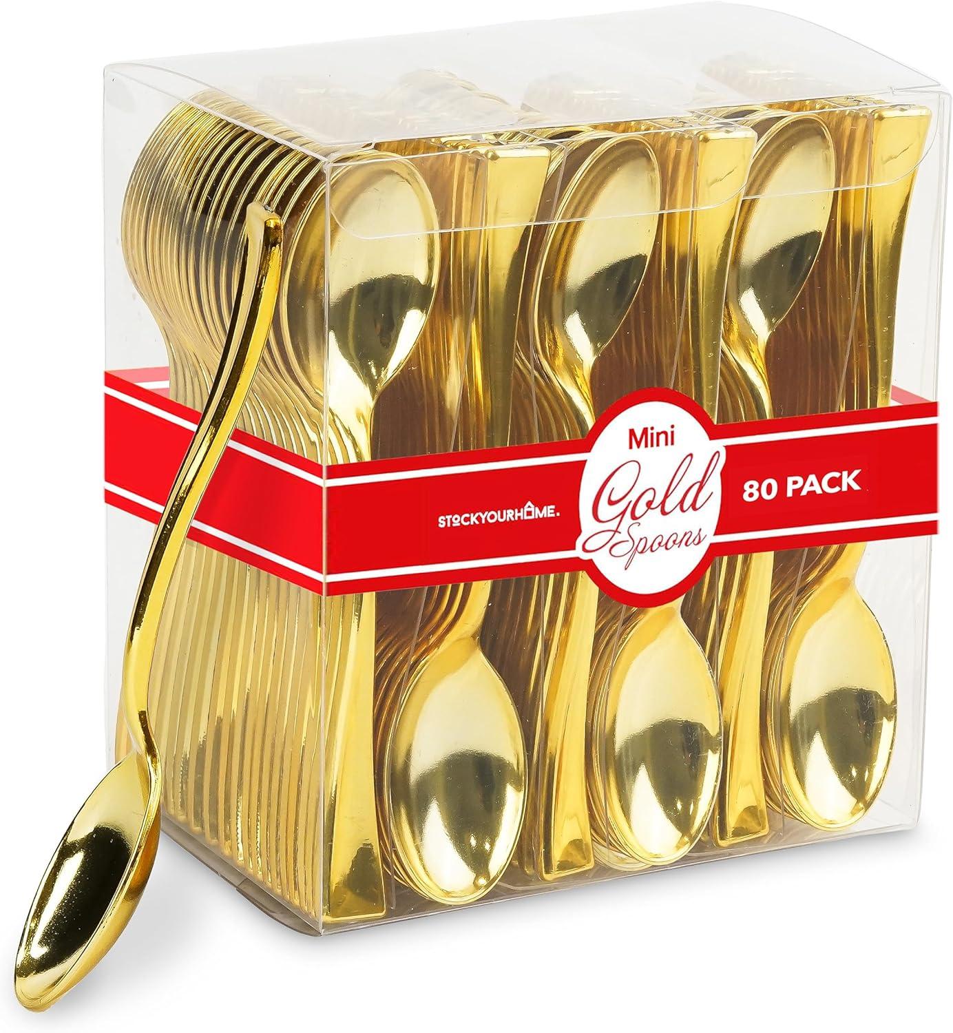 imageGold Plastic Mini Spoons Disposable 4 inch 80 Pack Tasting Spoon Dessert Mini spoon for Ice Cream Taster Small Sample Desserts Gelato Sampling Fancy Miniature Pudding Little Appetizers BulkGold