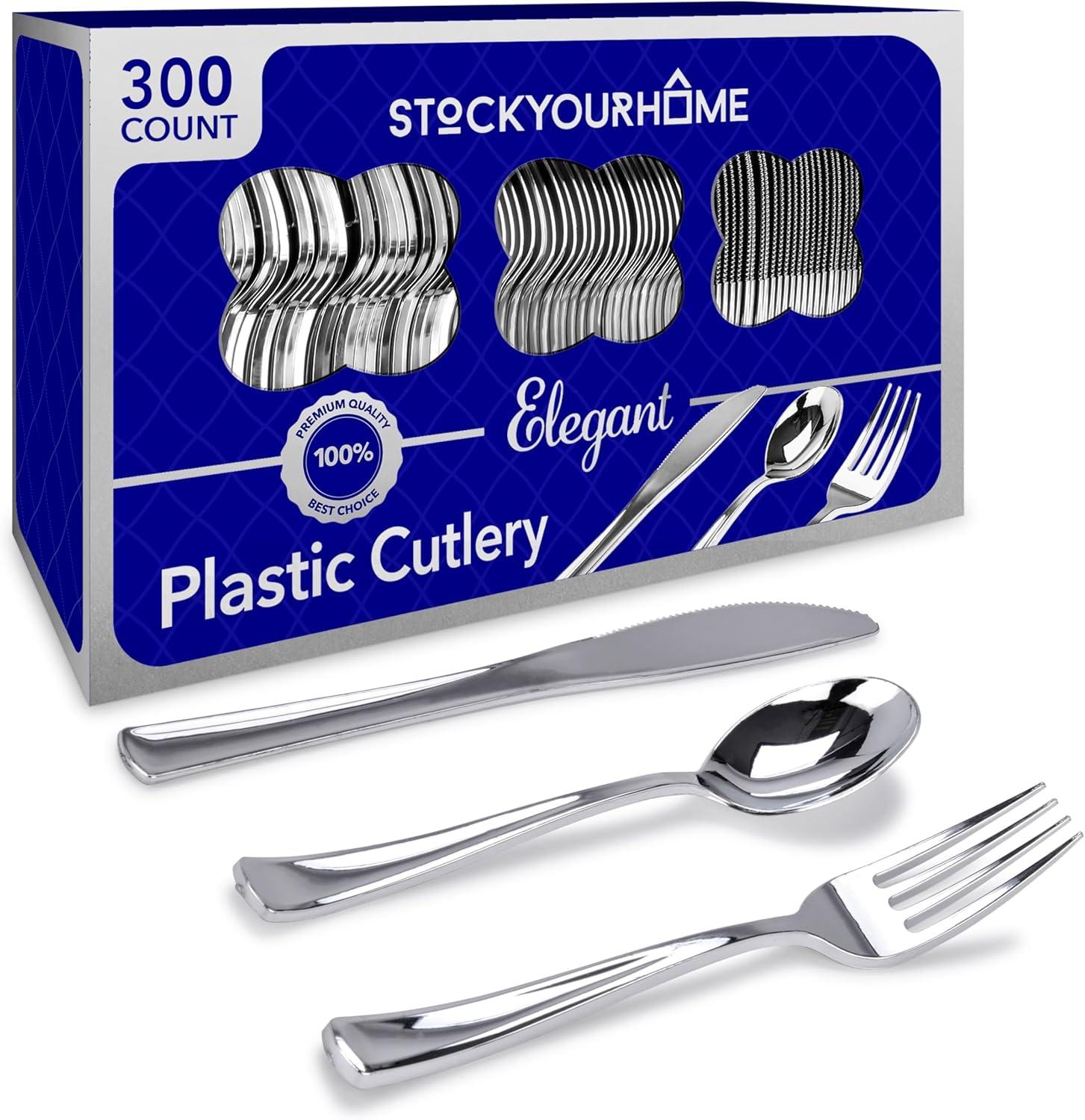imageGold Plastic Silverware Set 160 Bulk Pack Disposable Cutlery Utensils 80 Gold Forks 40 Gold Knives 40 Gold Spoons Heavy Duty Flatware For Holidays Parties Dinners Weddings and OccasionsSilver