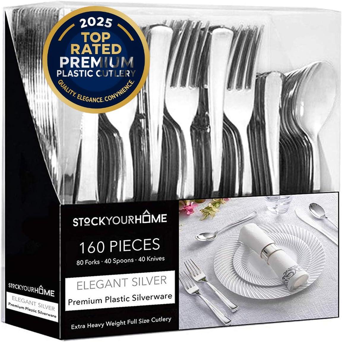 imageGold Plastic Silverware Set 160 Bulk Pack Disposable Cutlery Utensils 80 Gold Forks 40 Gold Knives 40 Gold Spoons Heavy Duty Flatware For Holidays Parties Dinners Weddings and OccasionsSilver