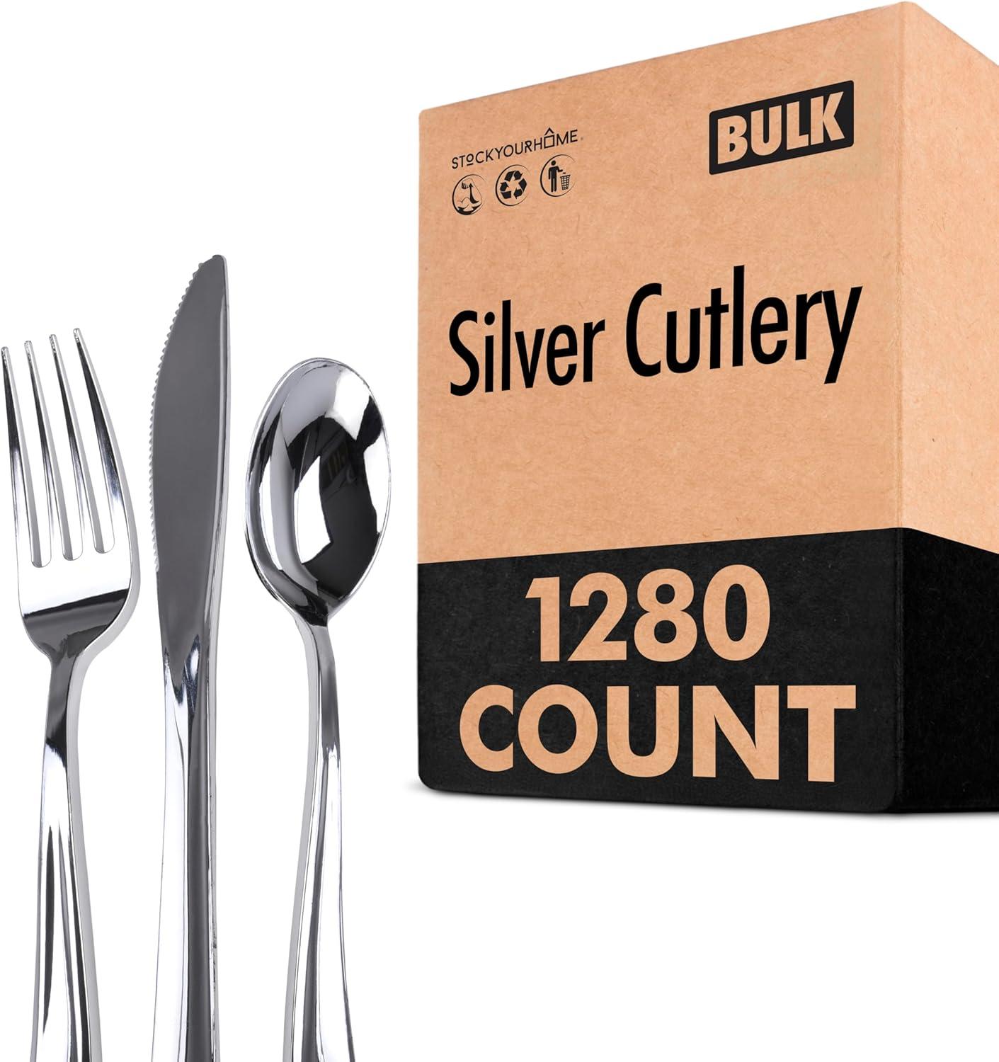 imageGold Plastic Silverware Set 160 Bulk Pack Disposable Cutlery Utensils 80 Gold Forks 40 Gold Knives 40 Gold Spoons Heavy Duty Flatware For Holidays Parties Dinners Weddings and OccasionsSilver