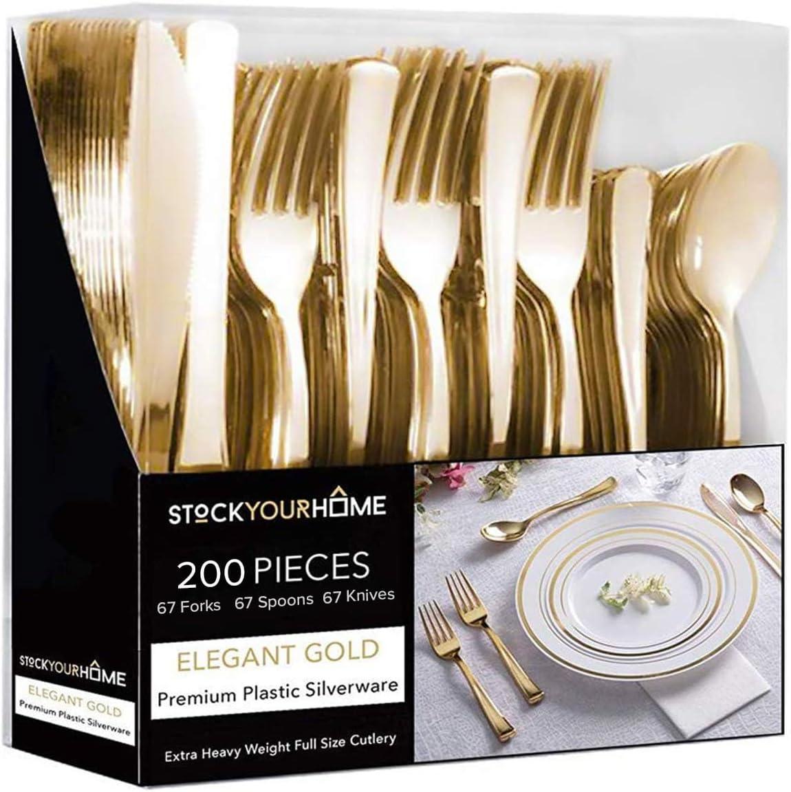 imageGold Plastic Silverware Set 160 Bulk Pack Disposable Cutlery Utensils 80 Gold Forks 40 Gold Knives 40 Gold Spoons Heavy Duty Flatware For Holidays Parties Dinners Weddings and OccasionsGold