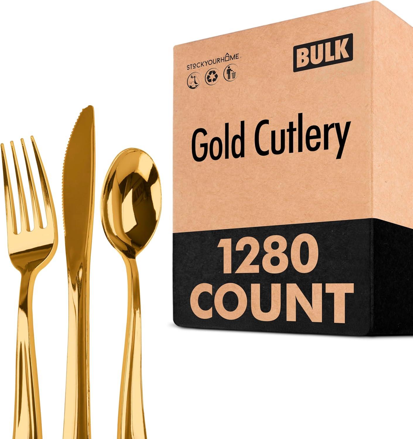 imageGold Plastic Silverware Set 160 Bulk Pack Disposable Cutlery Utensils 80 Gold Forks 40 Gold Knives 40 Gold Spoons Heavy Duty Flatware For Holidays Parties Dinners Weddings and OccasionsGold