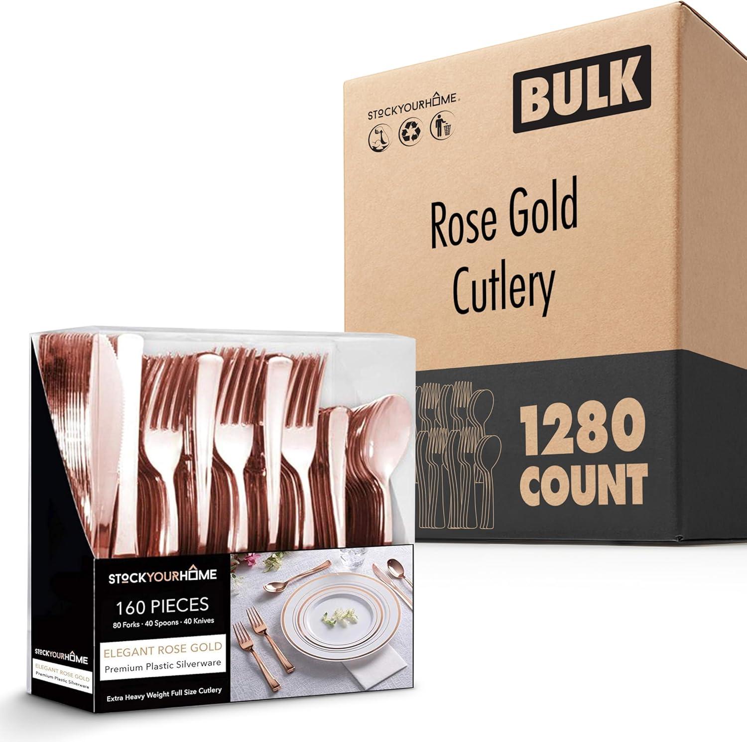 imageGold Plastic Silverware Set 160 Bulk Pack Disposable Cutlery Utensils 80 Gold Forks 40 Gold Knives 40 Gold Spoons Heavy Duty Flatware For Holidays Parties Dinners Weddings and OccasionsRose Gold