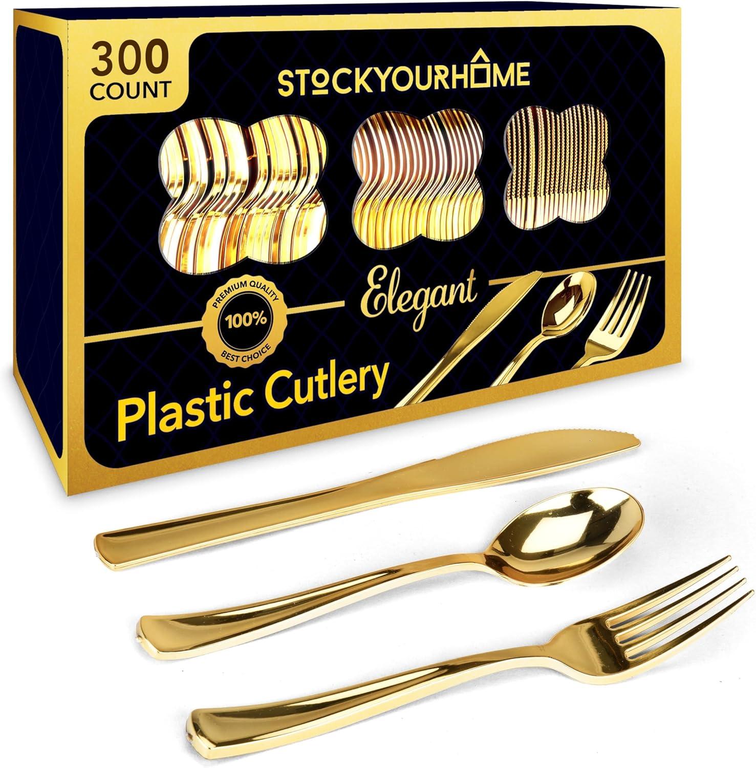 imageGold Plastic Silverware Set 160 Bulk Pack Disposable Cutlery Utensils 80 Gold Forks 40 Gold Knives 40 Gold Spoons Heavy Duty Flatware For Holidays Parties Dinners Weddings and OccasionsGold