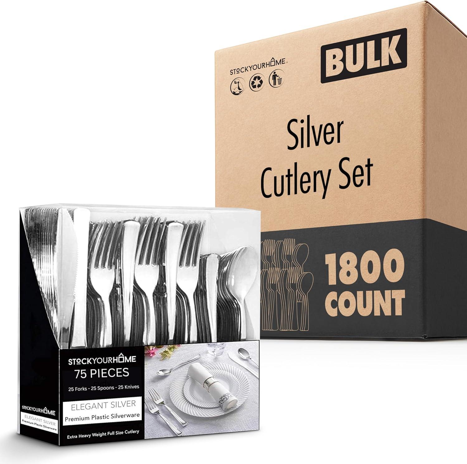 imageGold Plastic Silverware Set 160 Bulk Pack Disposable Cutlery Utensils 80 Gold Forks 40 Gold Knives 40 Gold Spoons Heavy Duty Flatware For Holidays Parties Dinners Weddings and OccasionsSilver