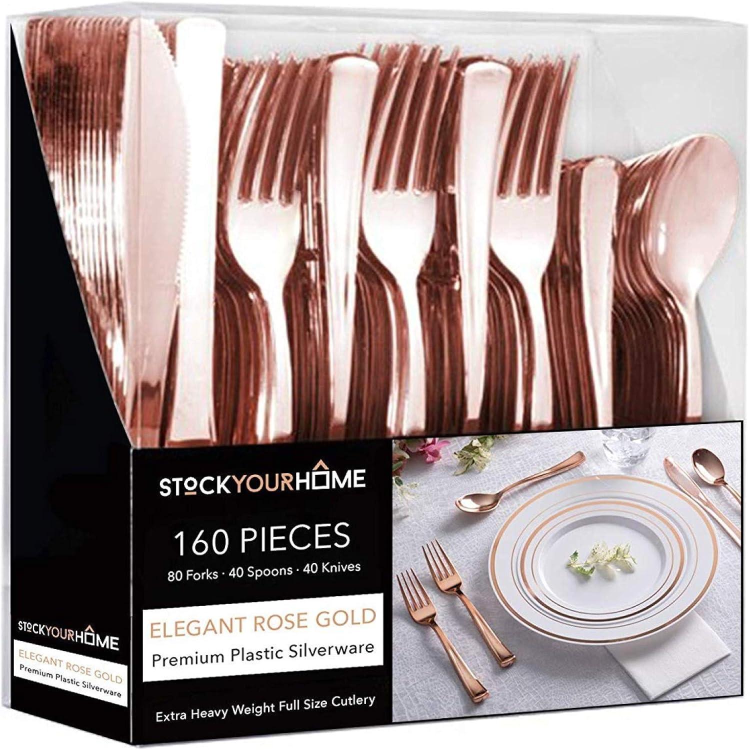 imageGold Plastic Silverware Set 160 Bulk Pack Disposable Cutlery Utensils 80 Gold Forks 40 Gold Knives 40 Gold Spoons Heavy Duty Flatware For Holidays Parties Dinners Weddings and OccasionsRose Gold