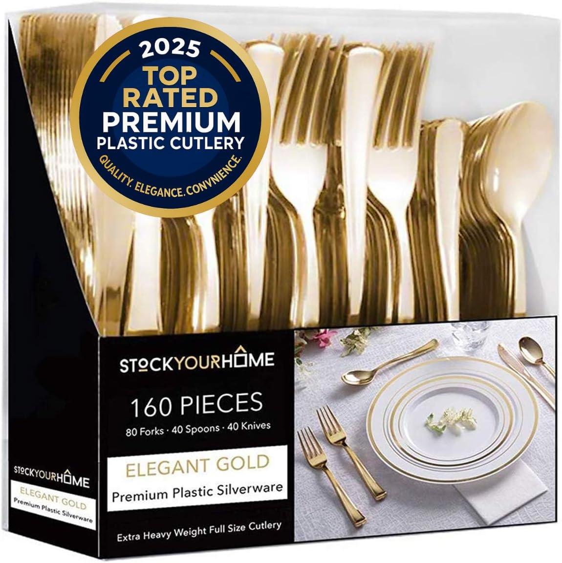 imageGold Plastic Silverware Set 160 Bulk Pack Disposable Cutlery Utensils 80 Gold Forks 40 Gold Knives 40 Gold Spoons Heavy Duty Flatware For Holidays Parties Dinners Weddings and OccasionsGold