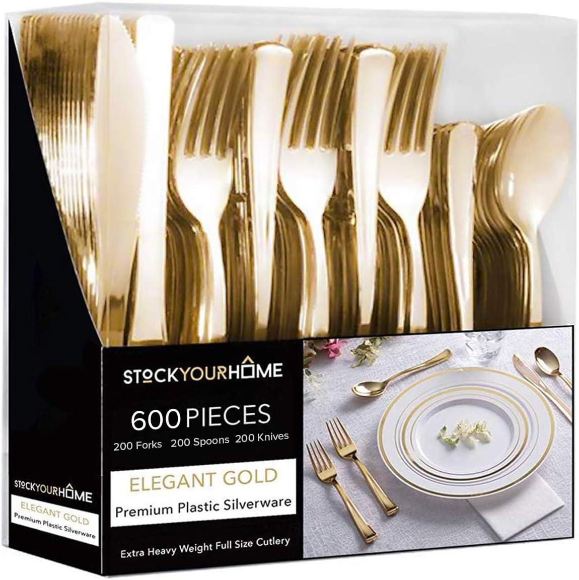 imageGold Plastic Silverware Set 160 Bulk Pack Disposable Cutlery Utensils 80 Gold Forks 40 Gold Knives 40 Gold Spoons Heavy Duty Flatware For Holidays Parties Dinners Weddings and OccasionsGold