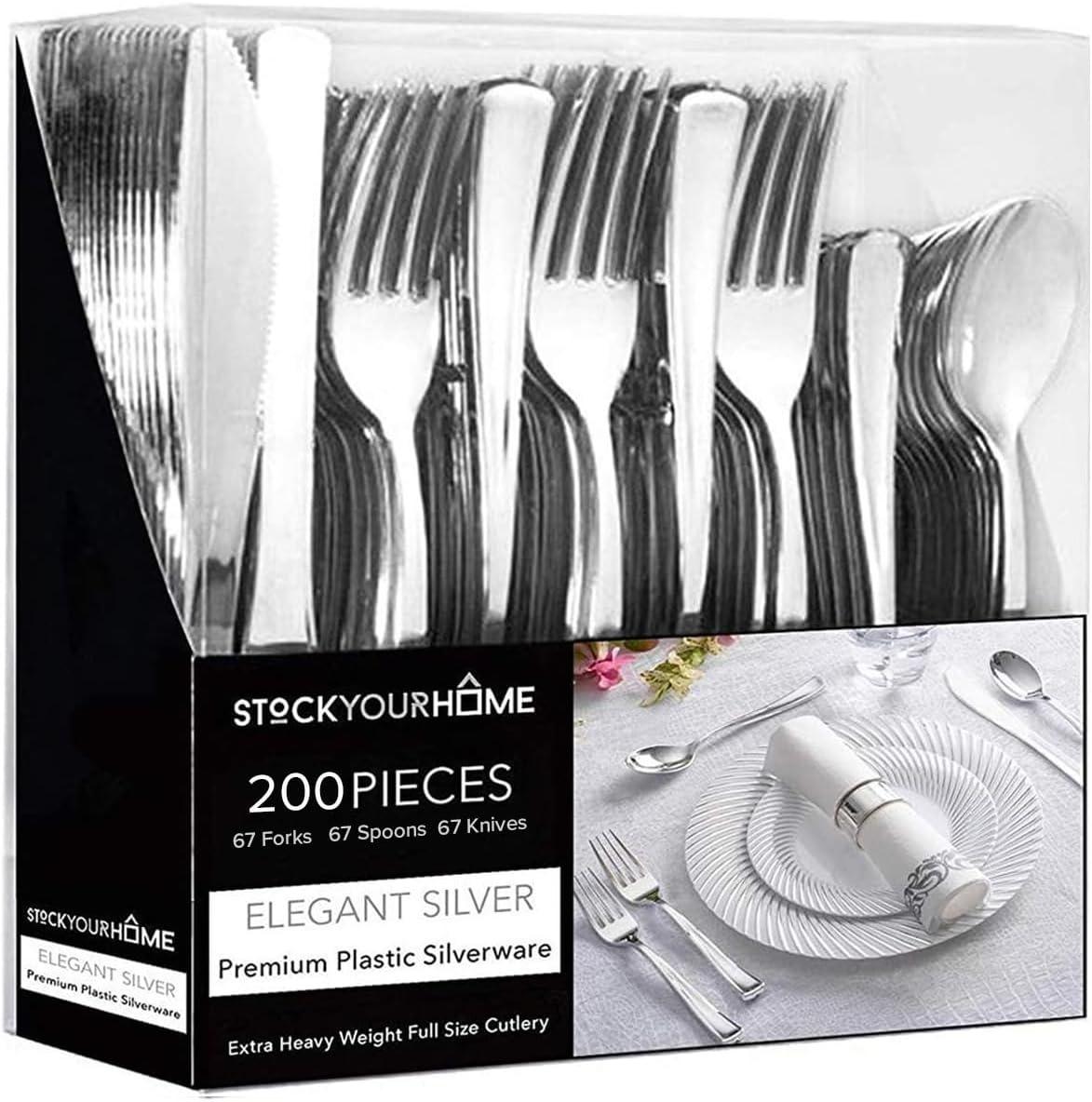imageGold Plastic Silverware Set 160 Bulk Pack Disposable Cutlery Utensils 80 Gold Forks 40 Gold Knives 40 Gold Spoons Heavy Duty Flatware For Holidays Parties Dinners Weddings and OccasionsSilver