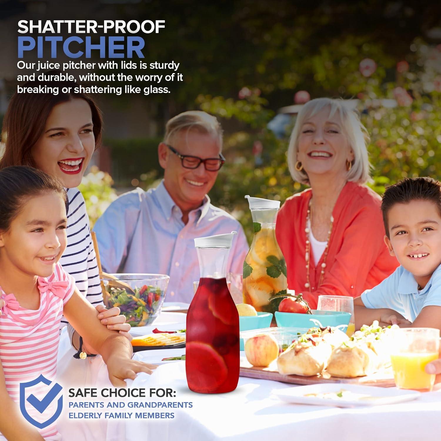 imagePlastic Juice Carafe with Lids Set of 2 50 oz Carafes for Mimosa Bar Drink Pitcher with Lid Water Bottle Milk Container Clear Beverage Containers for Fridge Pantry Storage Round Pitchers2