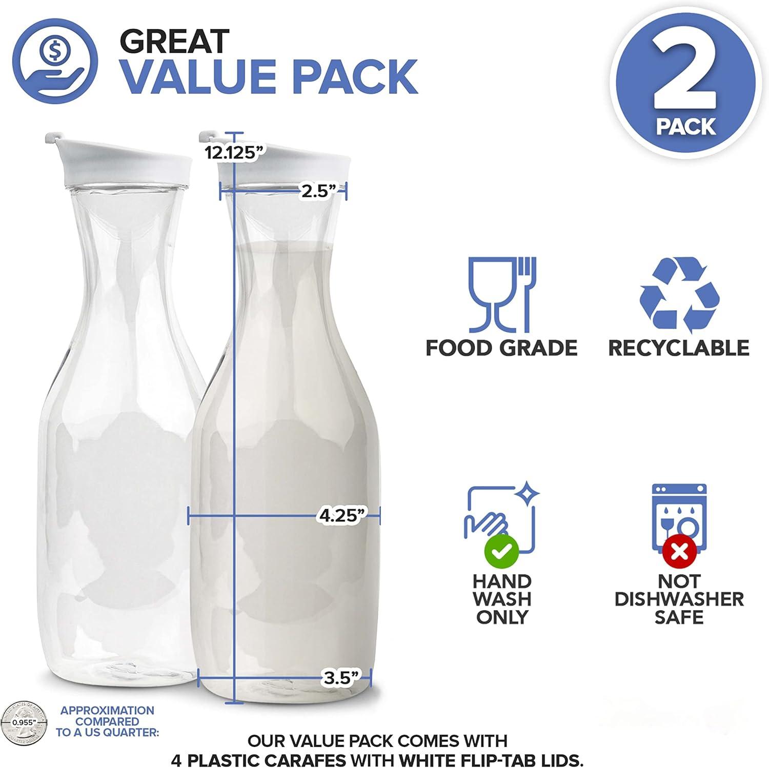 imagePlastic Juice Carafe with Lids Set of 2 50 oz Carafes for Mimosa Bar Drink Pitcher with Lid Water Bottle Milk Container Clear Beverage Containers for Fridge Pantry Storage Round Pitchers2