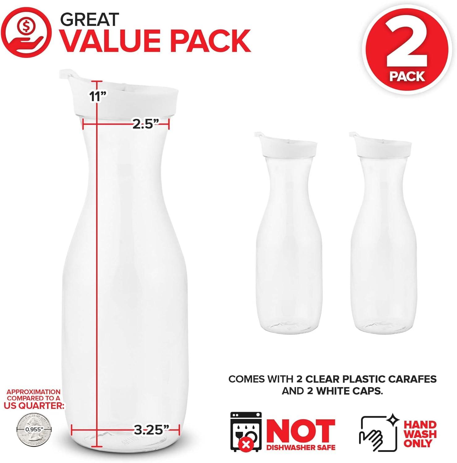 imagePlastic Juice Carafe with Lids Set of 4 32 oz Carafes for Mimosa Bar Drink Pitcher with Lid Water Bottle Milk Container Clear Beverage Containers for Fridge Pantry Storage Round Pitchers2